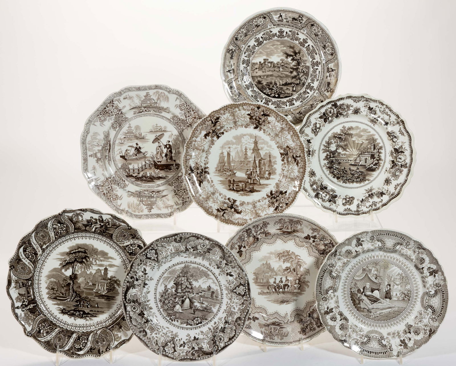 STAFFORDSHIRE TRANSFER-PRINTED CERAMIC PLATES, LOT OF EIGHT (1 of 1)