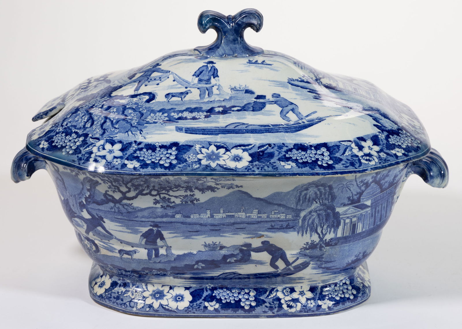 STAFFORDSHIRE TRANSFER-PRINTED EUROPEAN / FISHING MOTIF CERAMIC SOUP TUREEN (1 of 7)