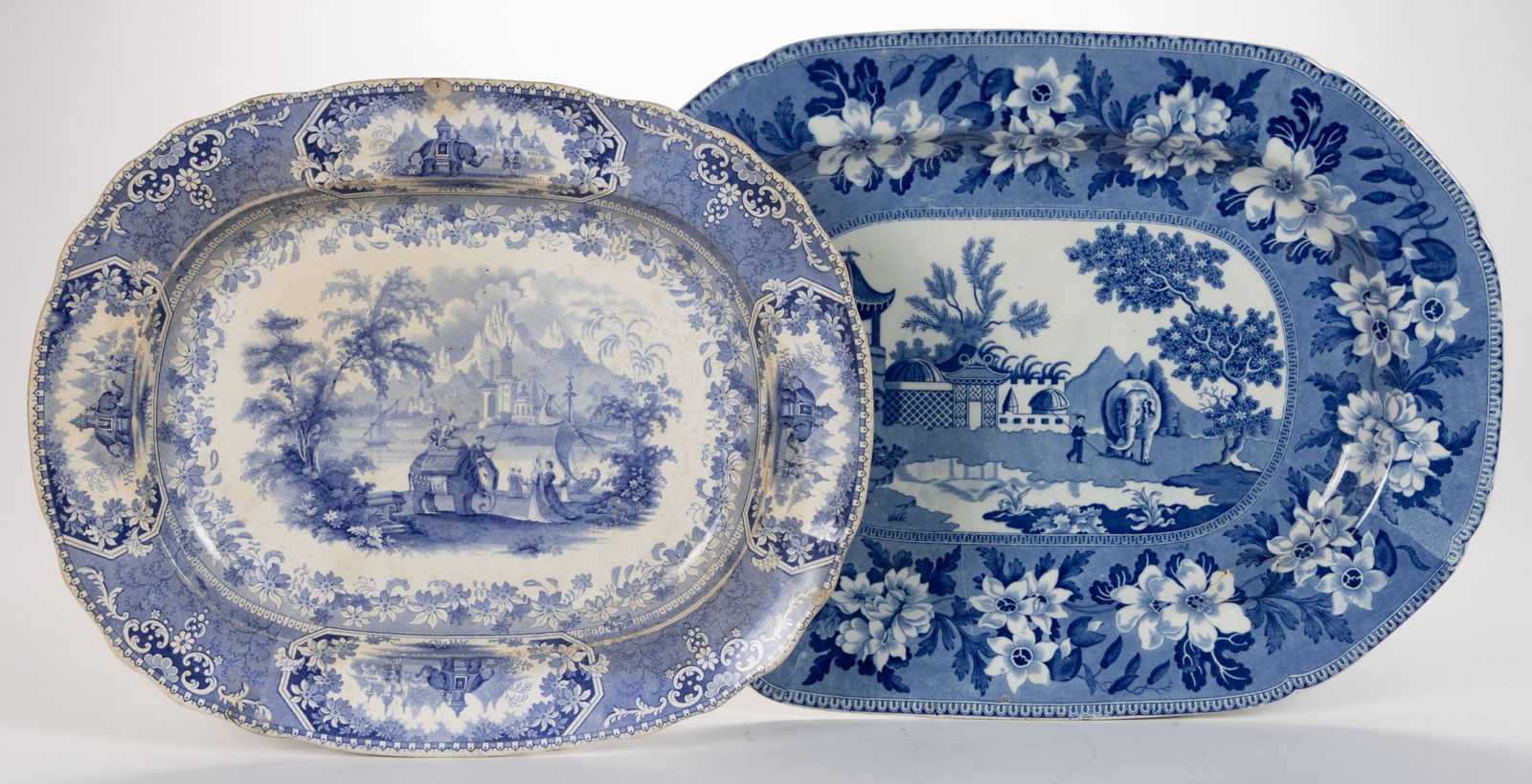 STAFFORDSHIRE TRANSFER-PRINTED ELEPHANT MOTIF CERAMIC PLATTERS, LOT OF TWO (1 of 5)