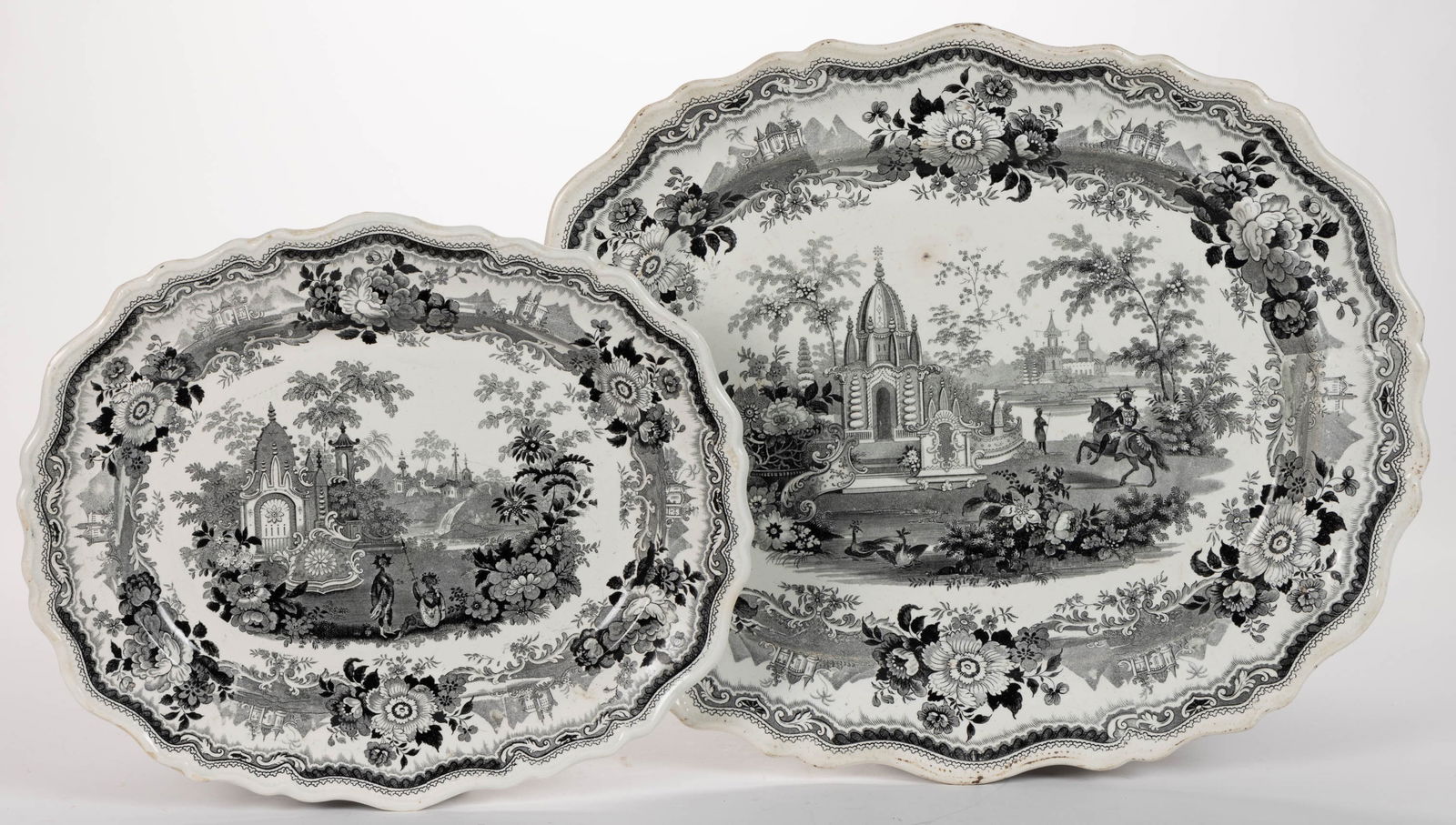 STAFFORDSHIRE TRANSFER-PRINTED ROMANTIC / ORIENTAL MOTIF CERAMIC PLATTERS, LOT OF TWO (1 of 5)