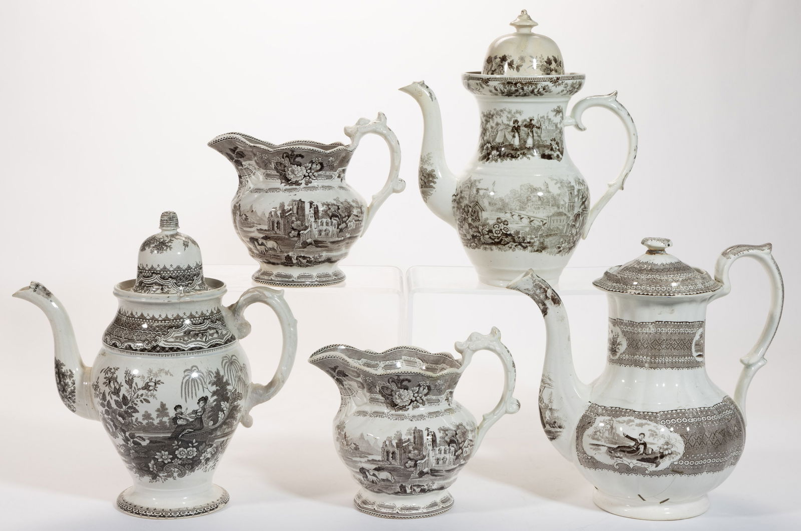 ENGLISH TRANSFER-PRINTED CERAMIC DRINKING ARTICLES, LOT OF FIVE (1 of 1)