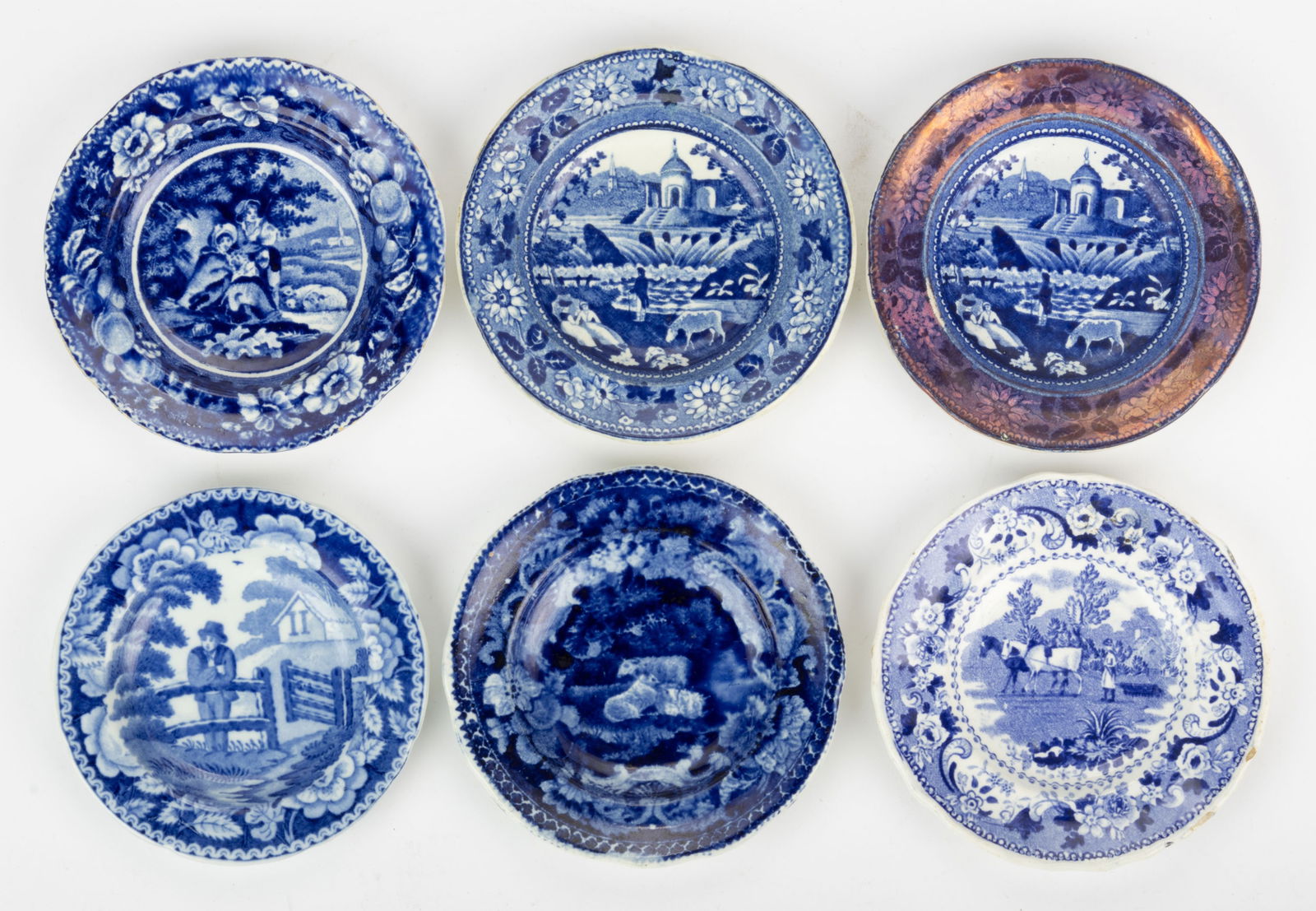 STAFFORDSHIRE TRANSFER-PRINTED CERAMIC CUP PLATES, LOT OF SIX (1 of 1)