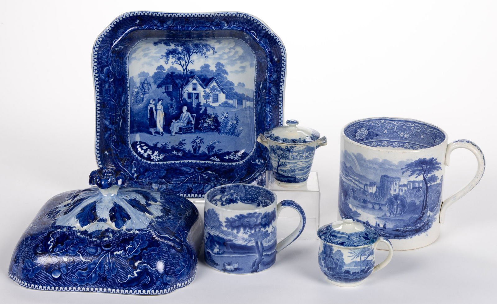 STAFFORDSHIRE TRANSFER-PRINTED CERAMIC DRINKING AND TABLE ARTICLES, LOT OF FIVE (1 of 1)