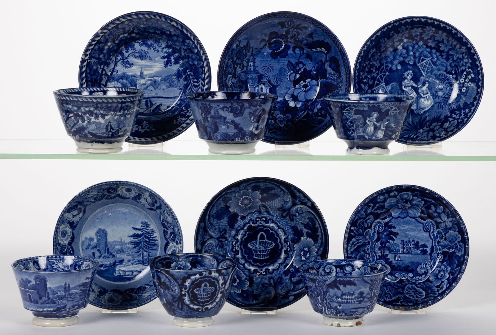 STAFFORDSHIRE TRANSFER-PRINTED CERAMIC CUP AND SAUCER SETS, LOT OF SIX (1 of 1)