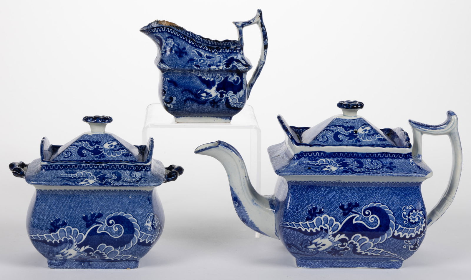 STAFFORDSHIRE DRAGON MOTIF TRANSFER-PRINTED CERAMIC THREE-PIECE TEA SET (1 of 2)