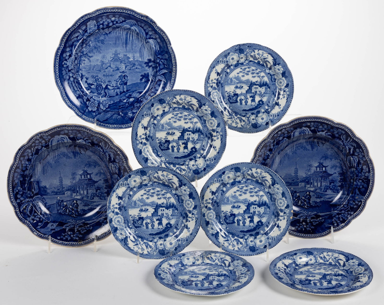 STAFFORDSHIRE TRANSFER-PRINTED CHINOISERIE MOTIF PLATES, LOT OF NINE (1 of 1)