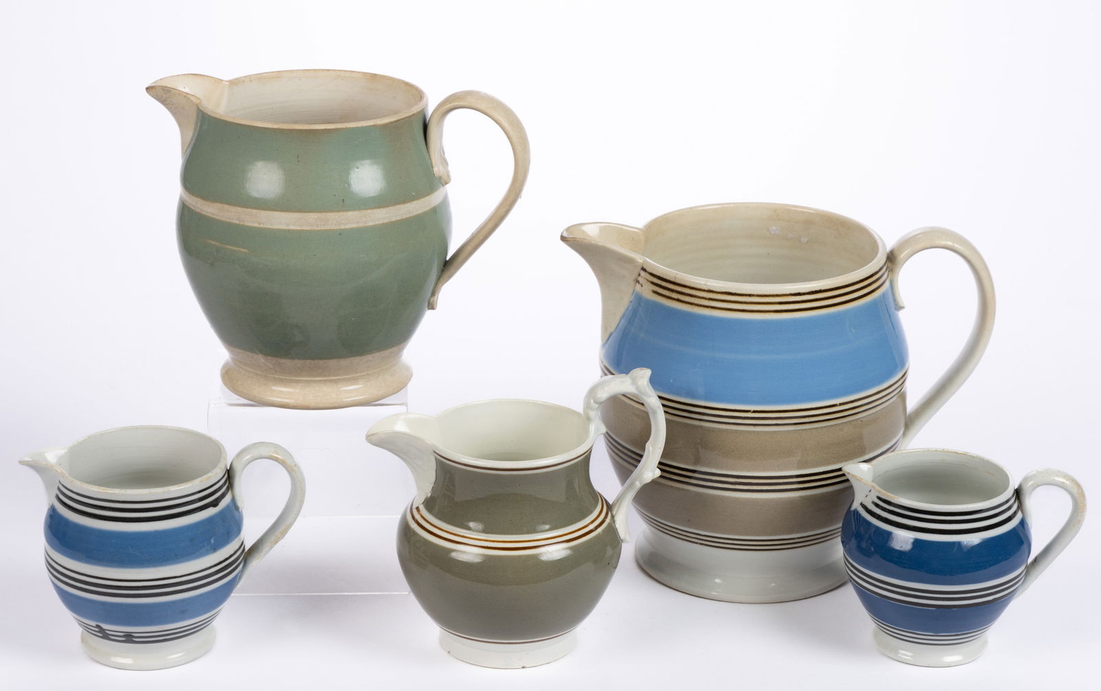 BRITISH DIPPED WARE / MOCHA CERAMIC JUGS / PITCHERS, LOT OF FIVE (1 of 1)