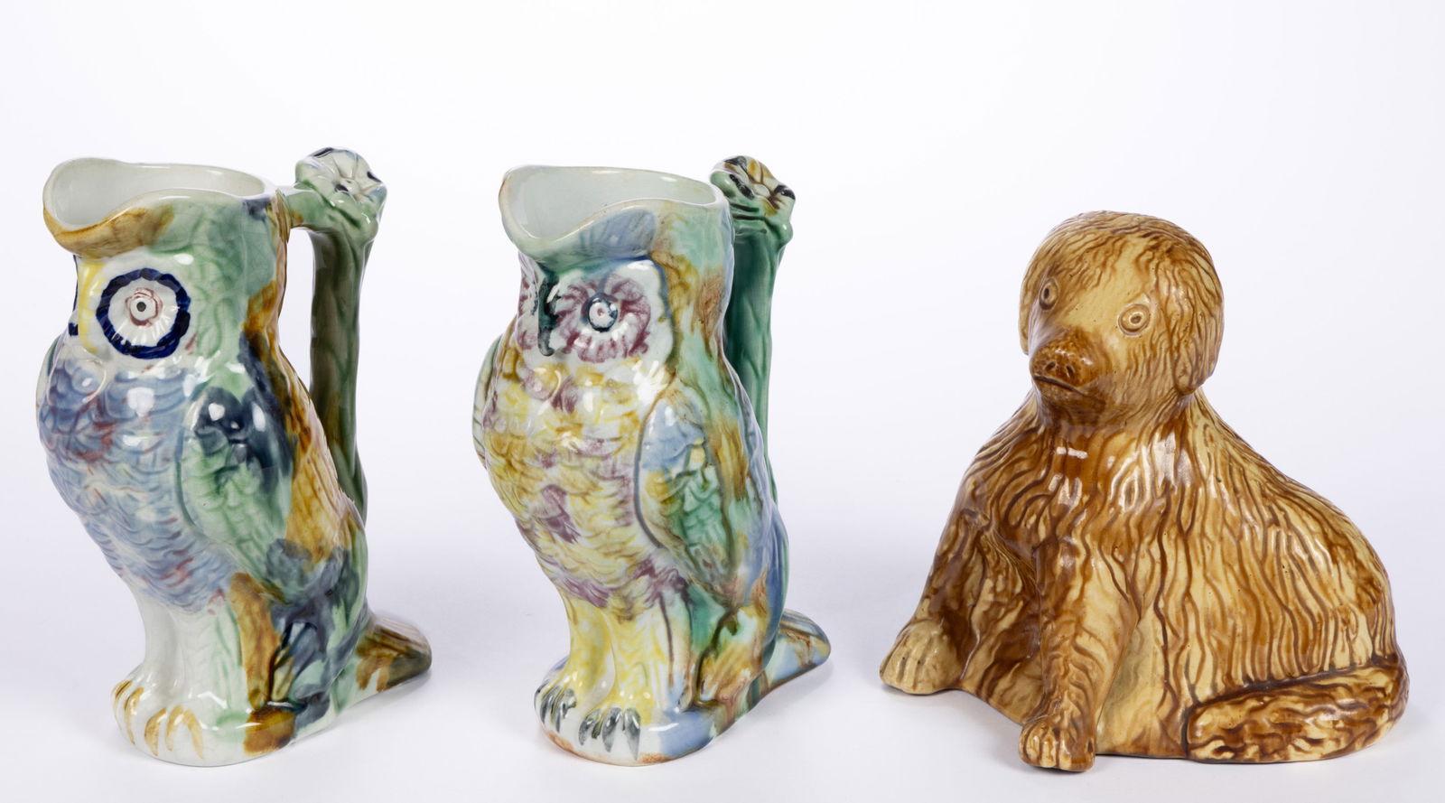 AMERICAN MORLEY MAJOLICA CERAMIC OWL PITCHERS, LOT OF TWO (1 of 3)