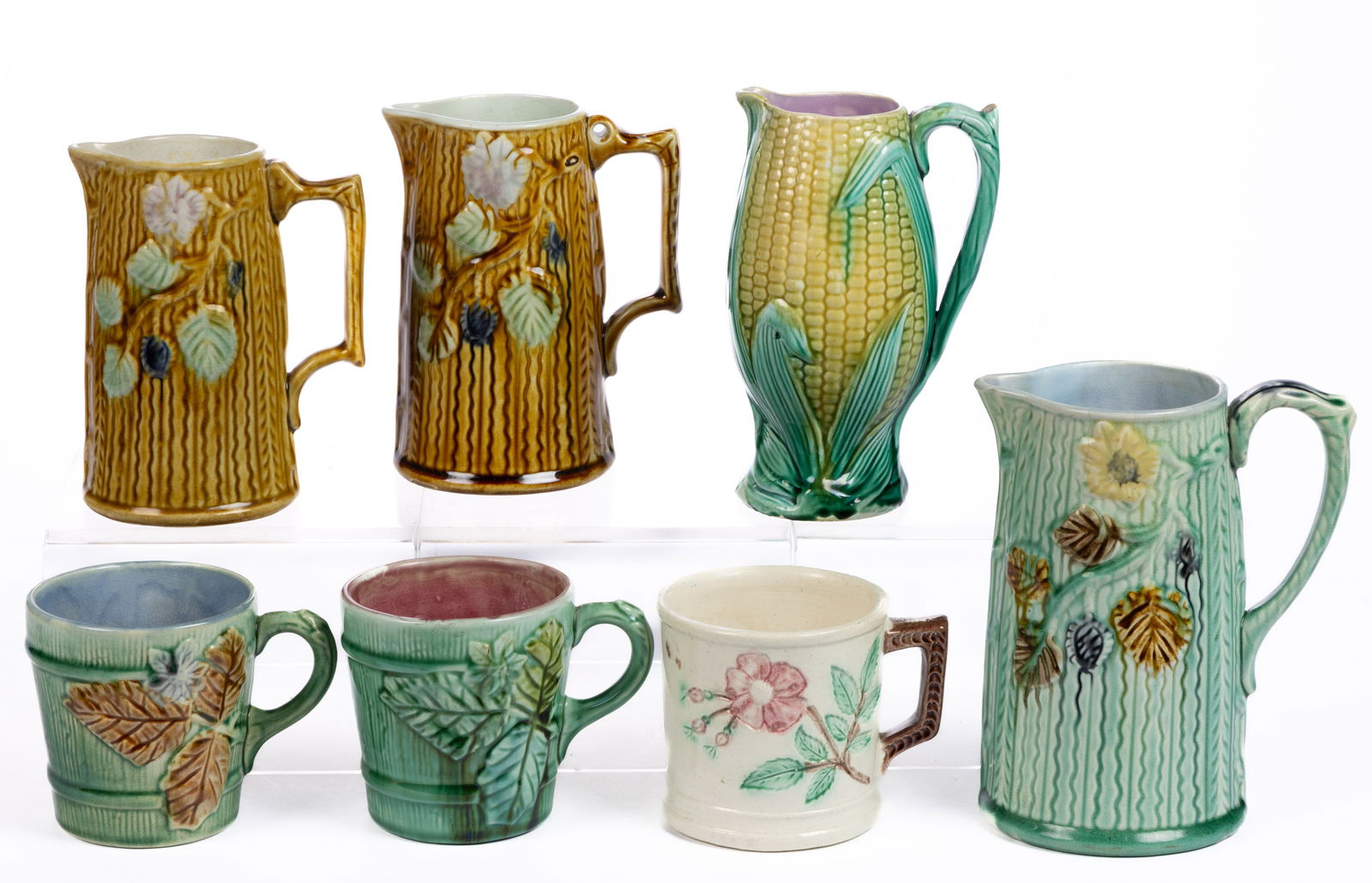 AMERICAN MAJOLICA CERAMIC DRINKING ARTICLES, LOT OF SEVEN (1 of 1)