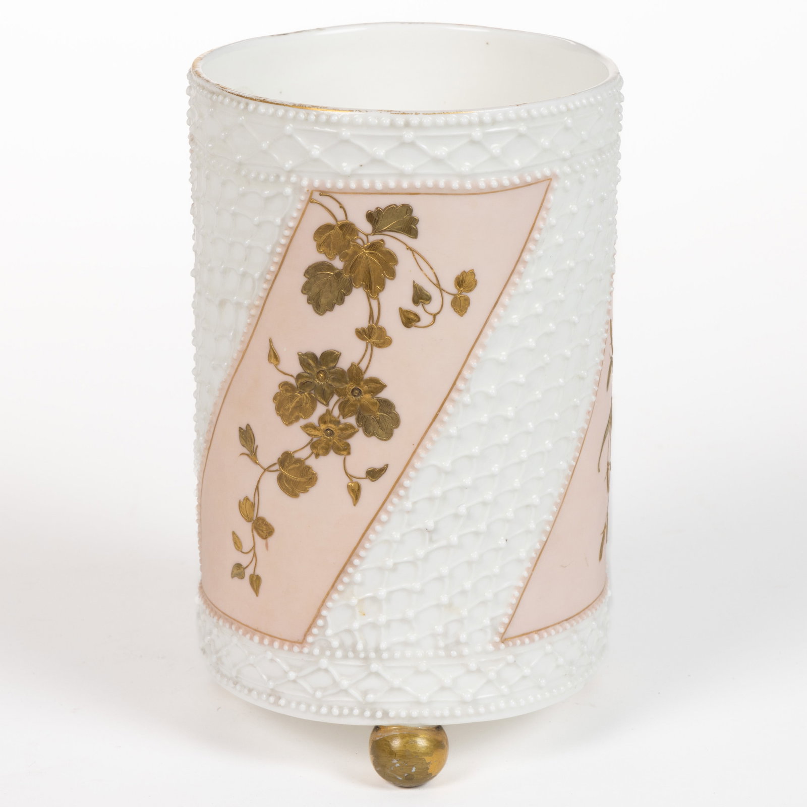 AMERICAN KTK LOTUS WARE PORCELAIN VASE: AMERICAN KTK LOTUS WARE PORCELAIN VASE, cylinder form raised on three ball feet, alternating fishnet and gilt-decorated panels, marked "K.T. & K. / CHINA" under base. Knowles, Taylo