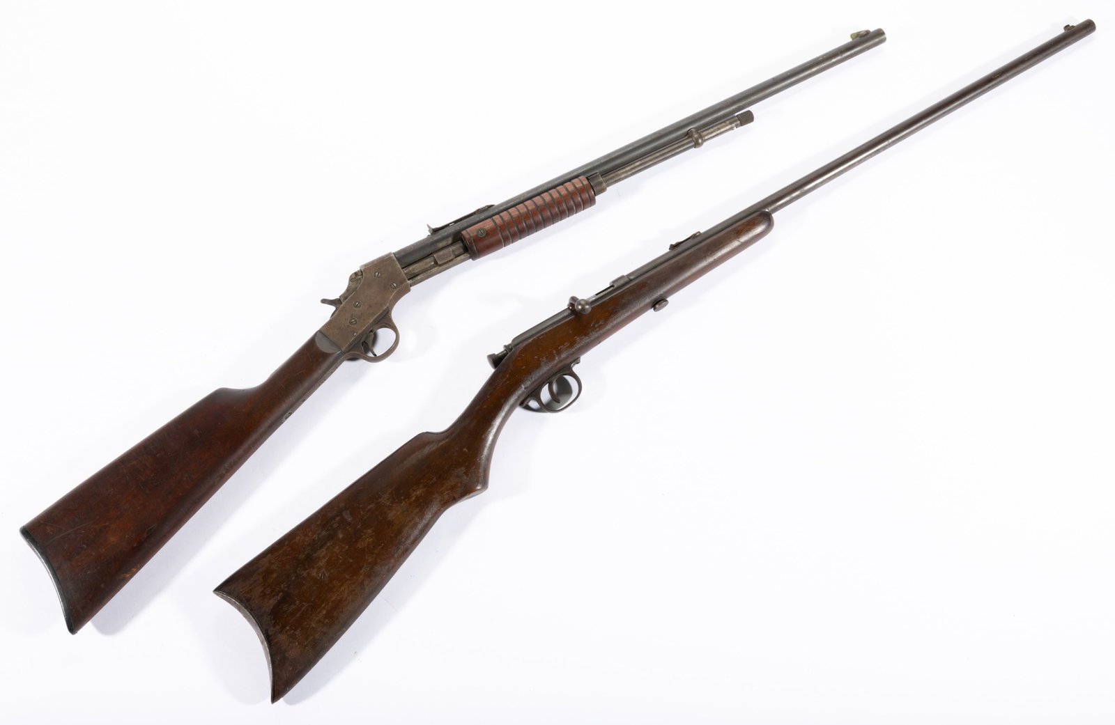 STEVEN S .22 S-L-LR PUMP-ACTION RIFLE: STEVEN S .22 S-L-LR PUMP-ACTION RIFLE, marked for J. Stevens Arms & Tool Co., and with 1907 patent date. Serial number 162. Together with a Premier single-shot .22 S-L-LR bolt-action rifle. N