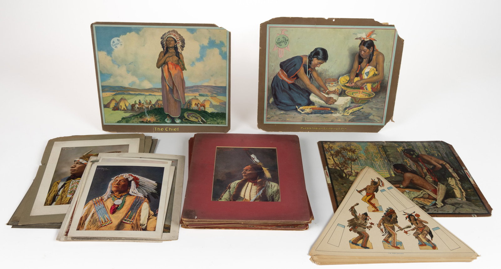 ASSORTED NATIVE AMERICAN PRINTS AND EPHEMERA, UNCOUNTED LOT: ASSORTED NATIVE AMERICAN PRINTS AND EPHEMERA, UNCOUNTED LOT, including approximately 50 color lithograph prints, most copyrighted by F. A. Rinehart, Omaha, plus three Santa Fe Railroad prints on cards