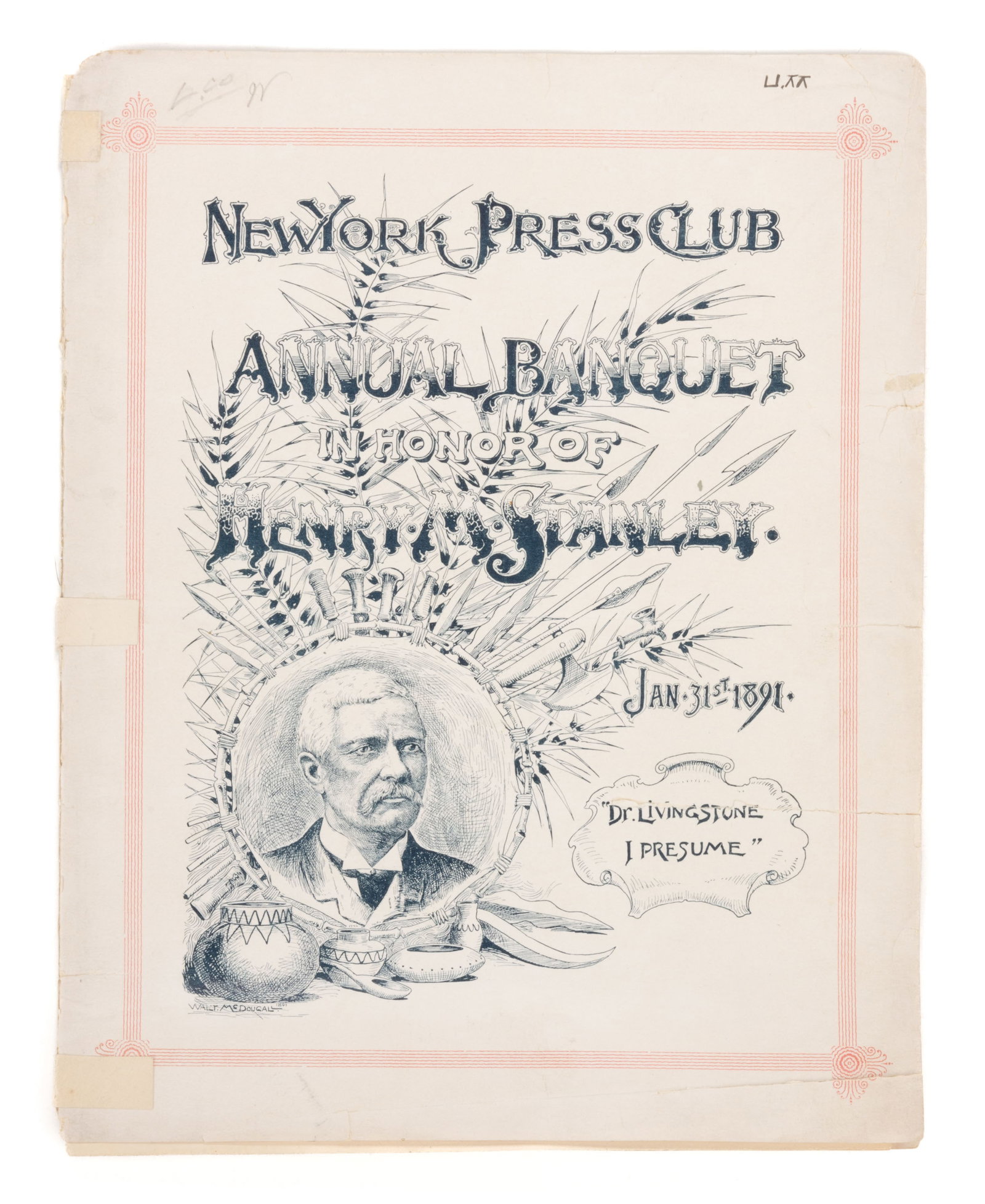 HENRY MORTON STANLEY (1841-1904) AUTOGRAPH LETTER SIGNED AND PROGRAM: HENRY MORTON STANLEY (1841-1904) AUTOGRAPH LETTER SIGNED AND PROGRAM, on a single-page Stratford Hotel, Philadelphia letterhead, tipped in a program for the "New York Press Club Annual Banqu