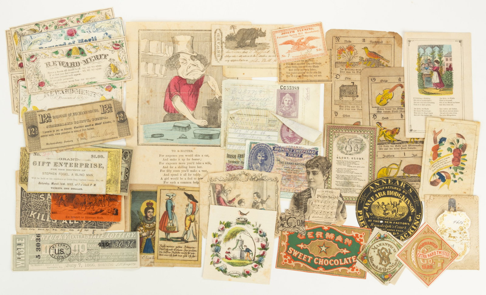 ASSORTED REWARDS OF MERIT AND OTHER PRINTED MATERIALS, UNCOUNTED LOT: ASSORTED REWARDS OF MERIT AND OTHER PRINTED MATERIALS, UNCOUNTED LOT, German and English language, many hand-colored, also advertising labels, 1866 Kentucky State Lottery ticket, etc. Mostly 19th