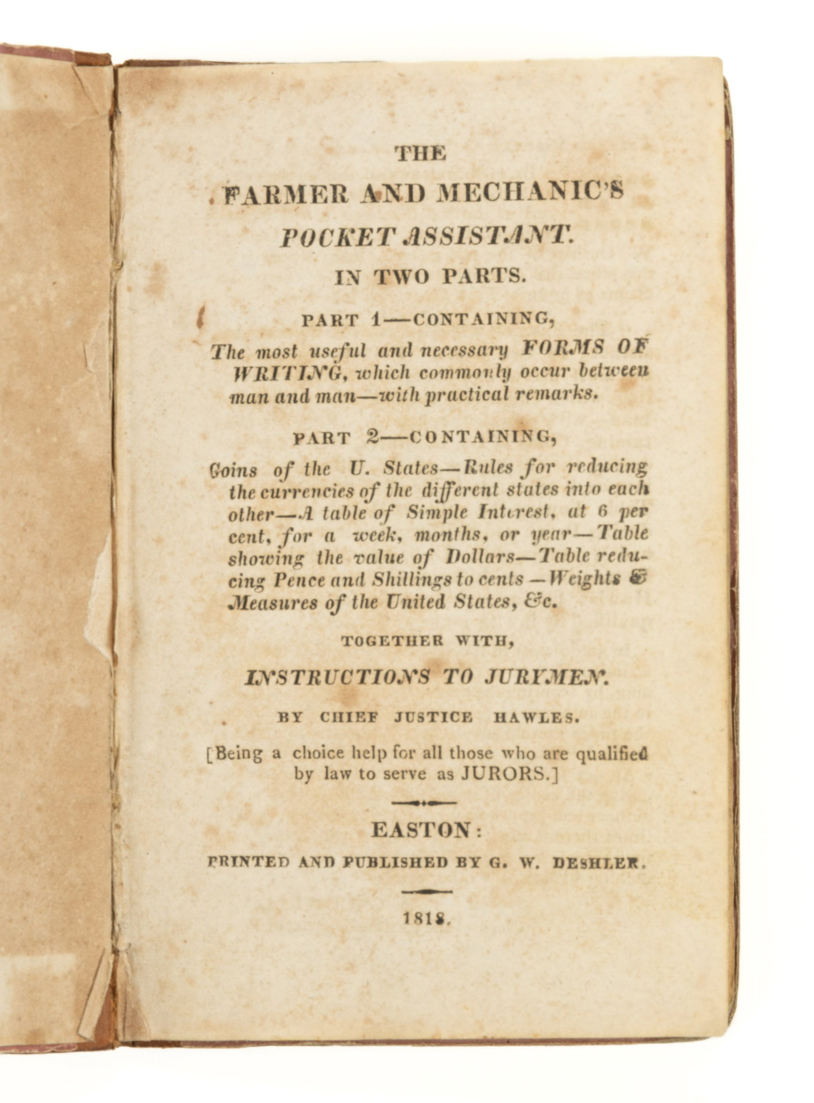 1818 EASTON, PENNSYLVANIA REFERENCE BOOK: 1818 EASTON, PENNSYLVANIA REFERENCE BOOK, includes examples of common documents, such as promissory notes, bills of exchange, receipts, and wills. Also contains guides to currency and measurements in 