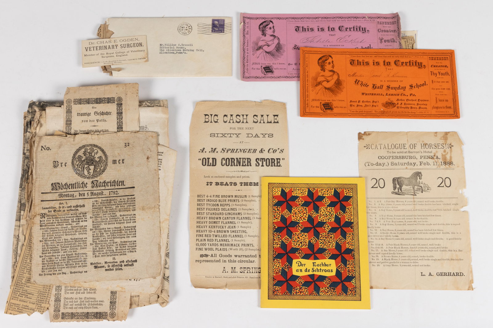 ASSORTED ANTIQUARIAN PRINTED MATERIAL: ASSORTED ANTIQUARIAN PRINTED MATERIAL, most dated 1850-1890, English and German language newspaper clippings and other print material, including two Pennsylvania broadsides, one for "A.M. Springe