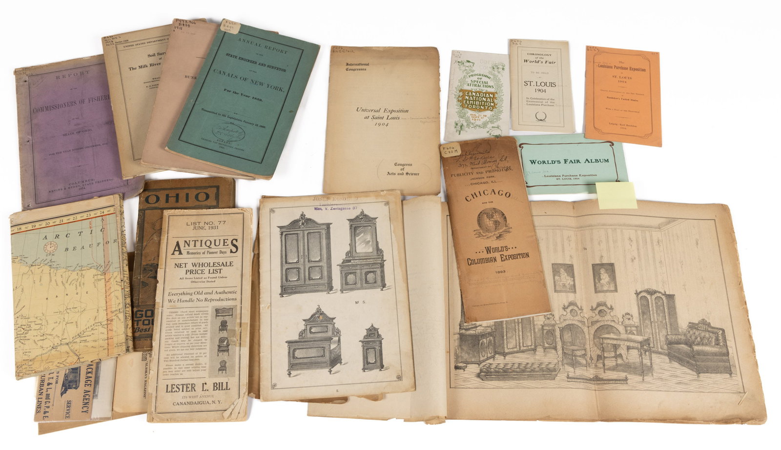 ASSORTED OFFICIAL REPORTS, WORLD'S FAIR, AND OTHER EPHEMERA, UNCOUNTED LOT: ASSORTED OFFICIAL REPORTS, WORLD'S FAIR, AND OTHER EPHEMERA, UNCOUNTED LOT, including Annual Report of the State Engineer and Surveyor of the Canals of New York, 1860; Report of the