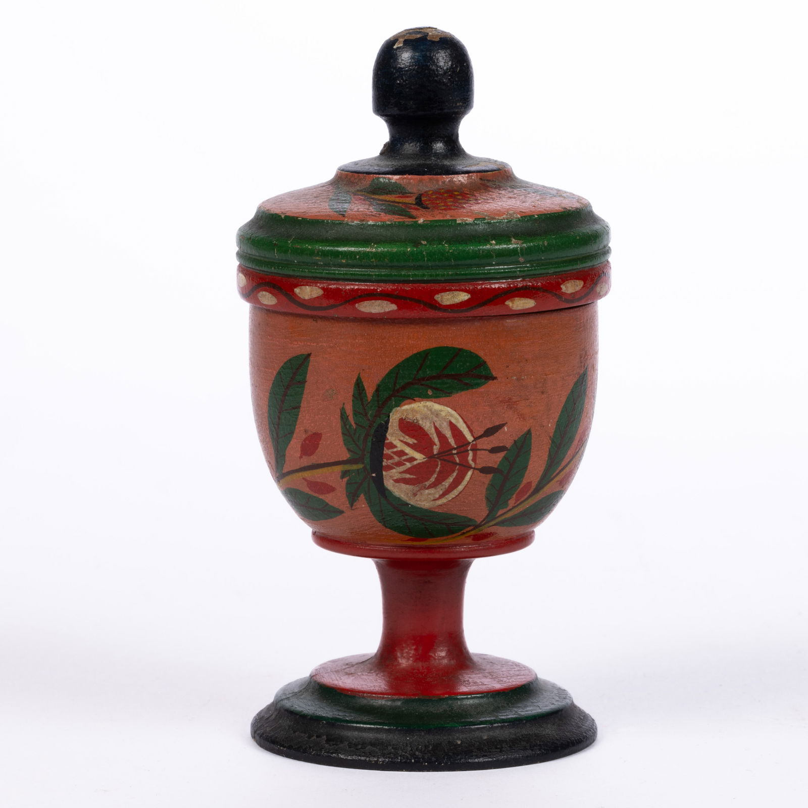 JOSEPH LONG LEHN (CLAY TOWNSHIP, LANCASTER CO., PENNSYLVANIA, 1798-1892) FOLK ART PAINT-DECORATED: JOSEPH LONG LEHN (CLAY TOWNSHIP, LANCASTER CO., PENNSYLVANIA, 1798-1892) FOLK ART PAINT-DECORATED TURNED TREEN SAFFRON CUP, urn-form cup raised on a plain stem and stepped foot, the cover having
