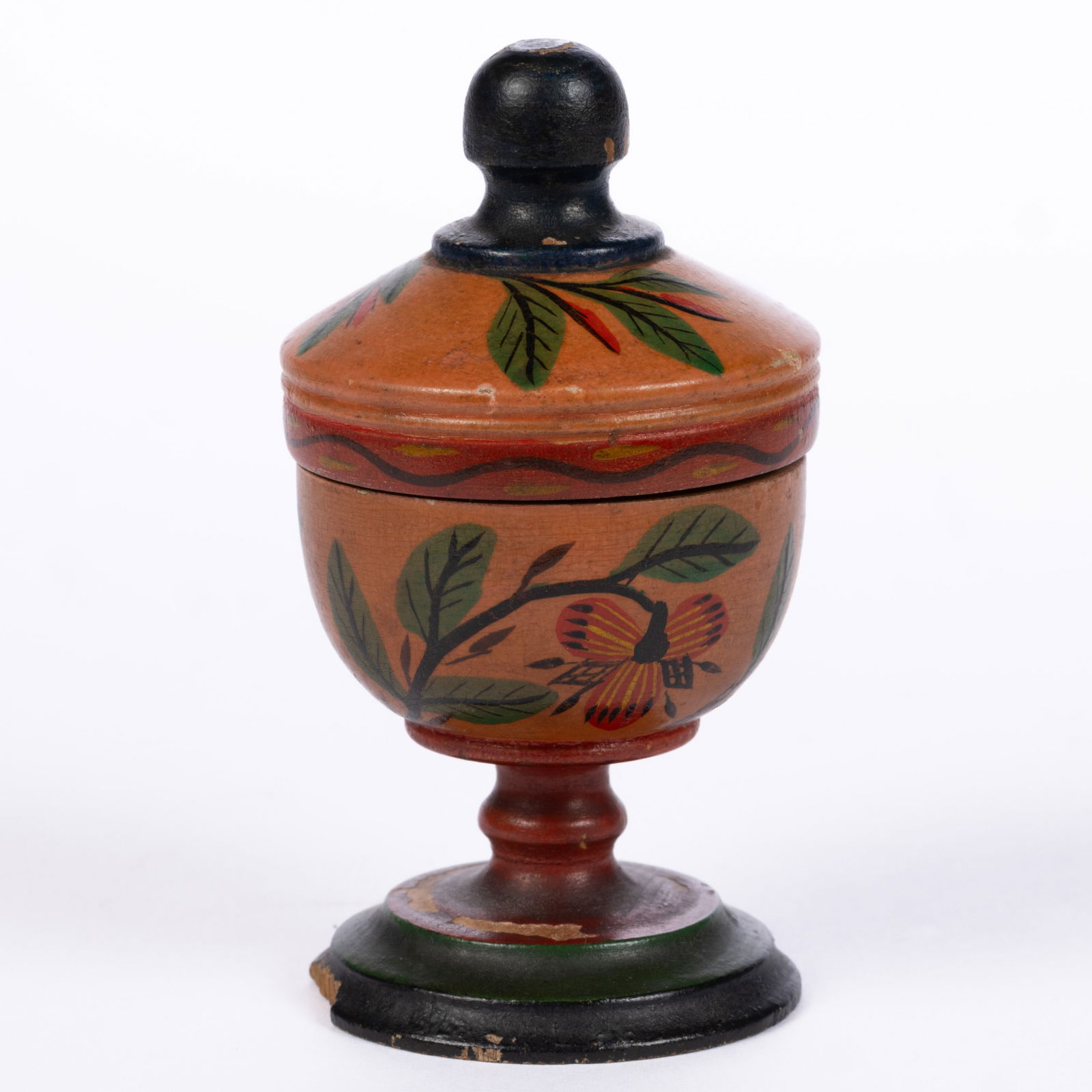 JOSEPH LONG LEHN (CLAY TOWNSHIP, LANCASTER CO., PENNSYLVANIA, 1798-1892) FOLK ART PAINT-DECORATED: JOSEPH LONG LEHN (CLAY TOWNSHIP, LANCASTER CO., PENNSYLVANIA, 1798-1892) FOLK ART PAINT-DECORATED TURNED TREEN SAFFRON CUP, diminutive urn-form cup raised on a ringed stem and stepped foot,