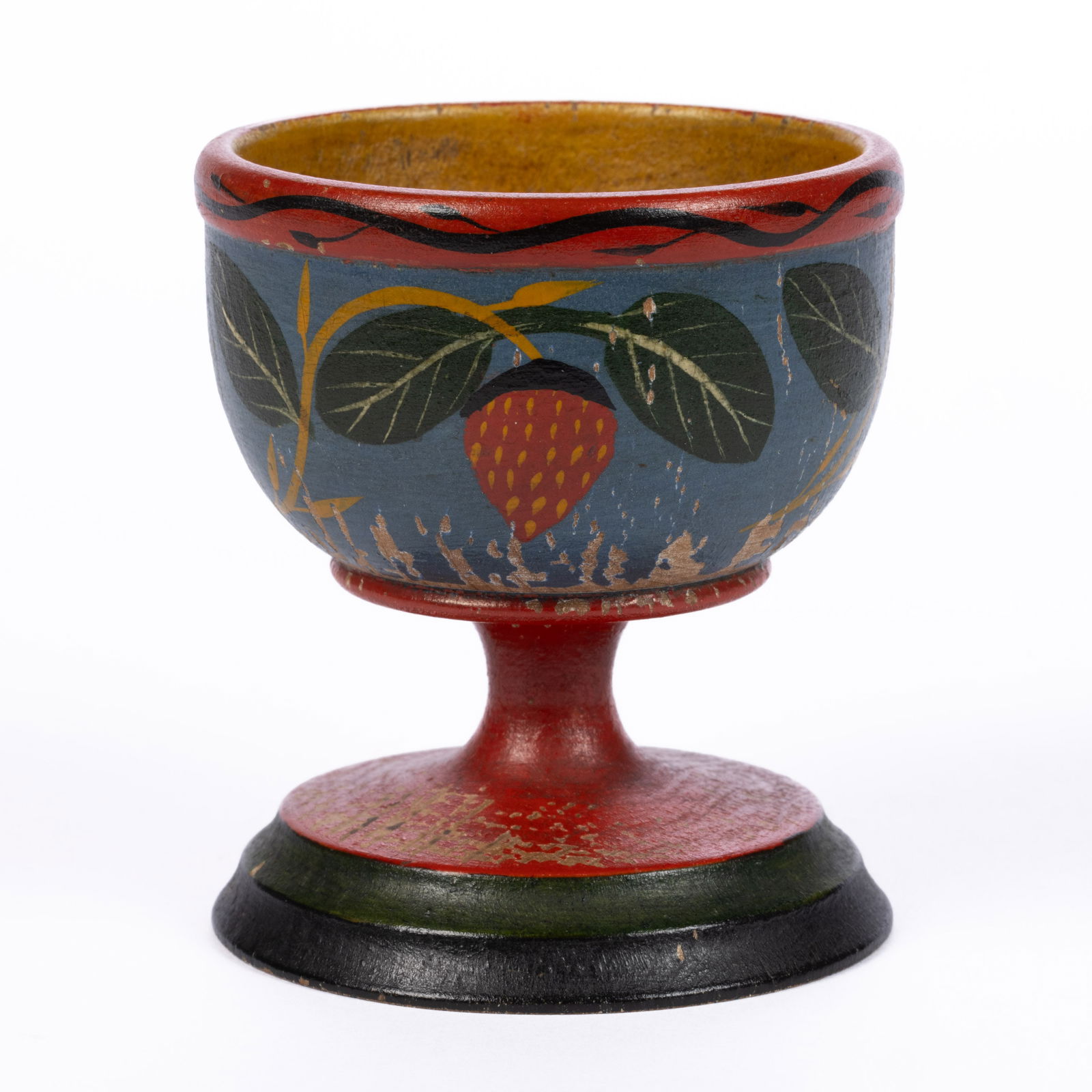 JOSEPH LONG LEHN (CLAY TOWNSHIP, LANCASTER CO., PENNSYLVANIA, 1798-1892) FOLK ART PAINT-DECORATED: JOSEPH LONG LEHN (CLAY TOWNSHIP, LANCASTER CO., PENNSYLVANIA, 1798-1892) FOLK ART PAINT-DECORATED TURNED TREEN EGG CUP, urn-form with banded rim raised on a plain stem and stepped foot, retaining