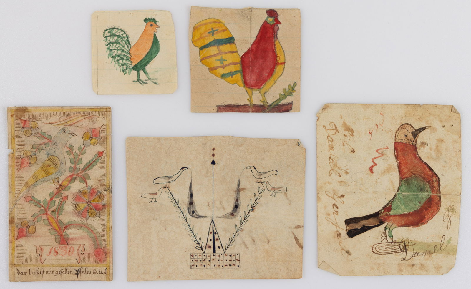 FOLK ART FIGURAL BIRD FRAKTUR DRAWINGS, LOT OF FIVE: FOLK ART FIGURAL BIRD FRAKTUR DRAWINGS, LOT OF FIVE, ink and watercolor on paper, comprising one likely reward of merit of a bird perched on potted flowers having 1830 date, two drawings of roost