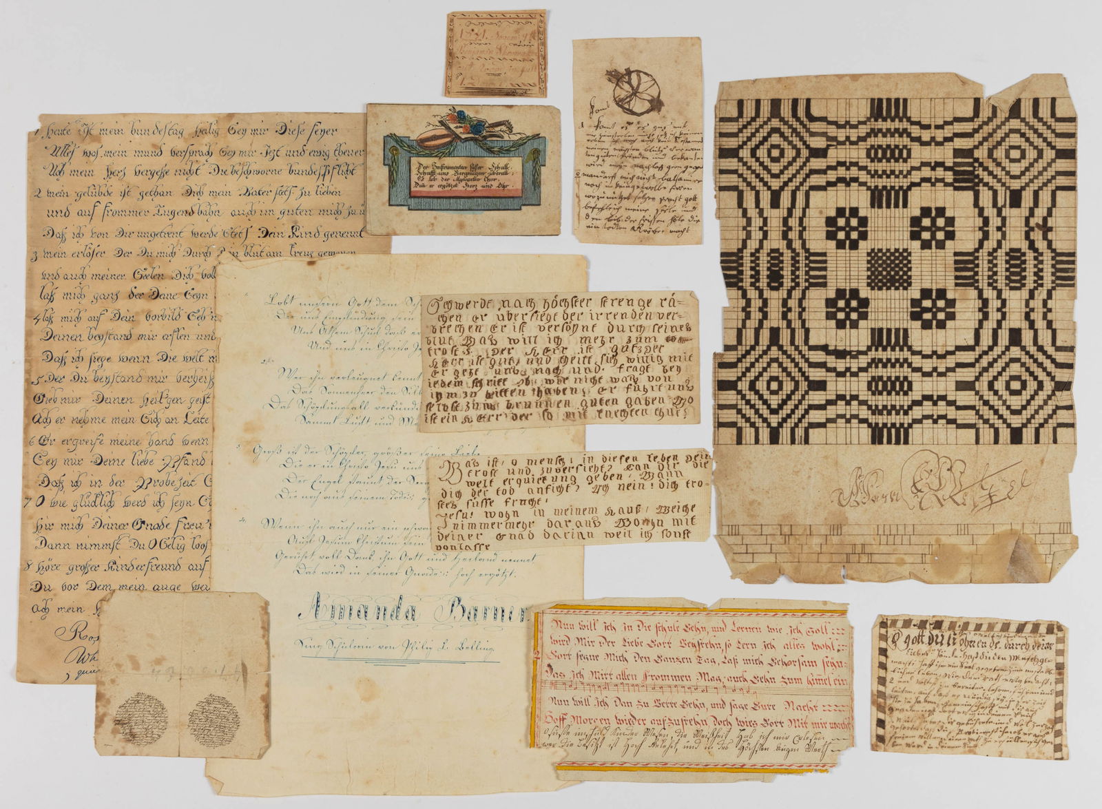 FOLK ART FRAKTUR VORSCHRIFT WRITING EXERCISES AND OTHER EPHEMERA, LOT OF 11: FOLK ART FRAKTUR VORSCHRIFT WRITING EXERCISES AND OTHER EPHEMERA, LOT OF 11, ink on paper, some with watercolor, including two examples of verses or hymns in German with one signed &quo