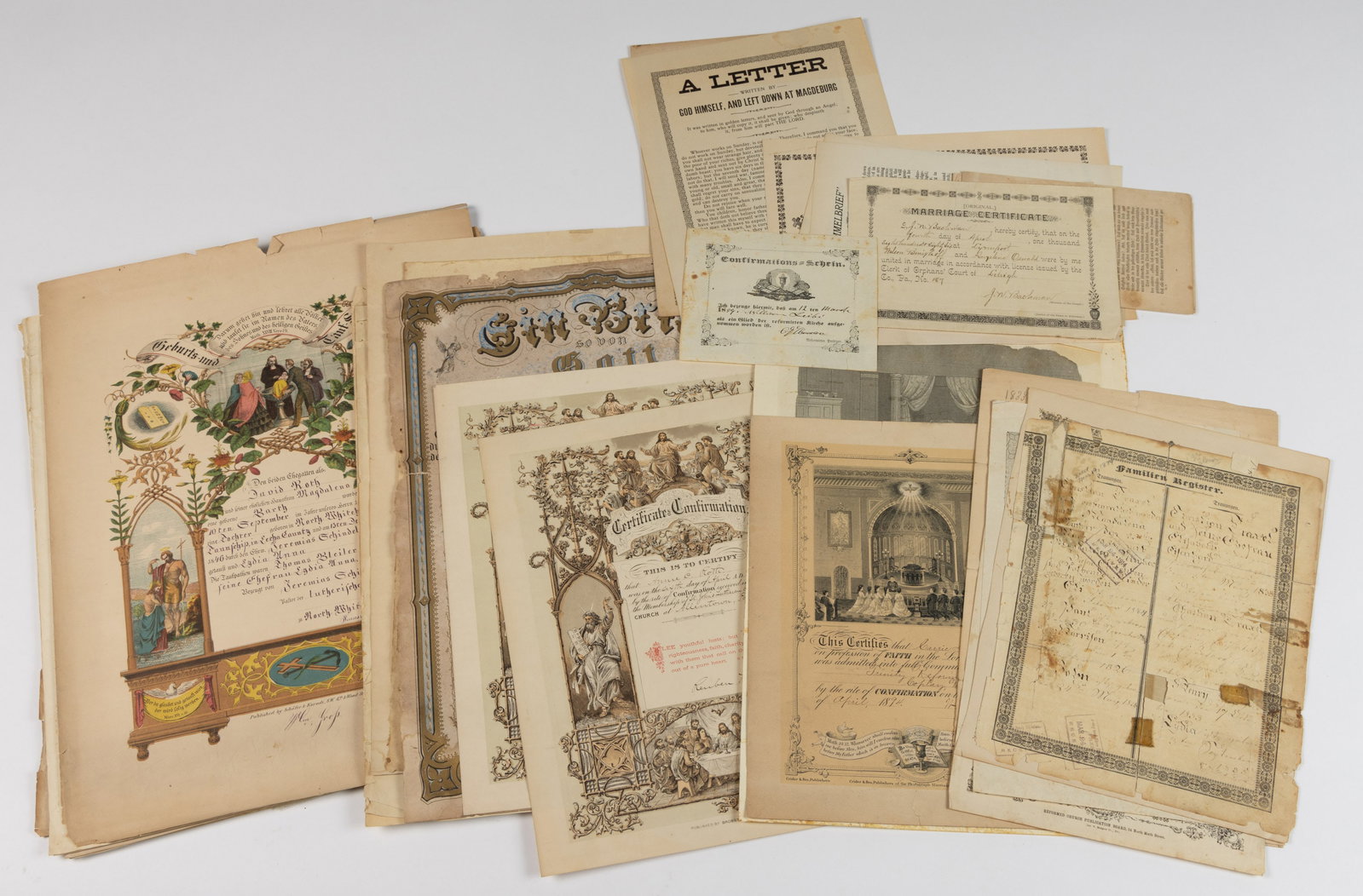 PENNSYLVANIA PRINTED BIRTH AND BAPTISMAL CERTIFICATES / FRAKTUR AND OTHER EPHEMERA, LOT OF 38: PENNSYLVANIA PRINTED BIRTH AND BAPTISMAL CERTIFICATES / FRAKTUR AND OTHER EPHEMERA, LOT OF 38, including seven birth and baptismal certificates/frakturs printed in Allentown, PA with printer