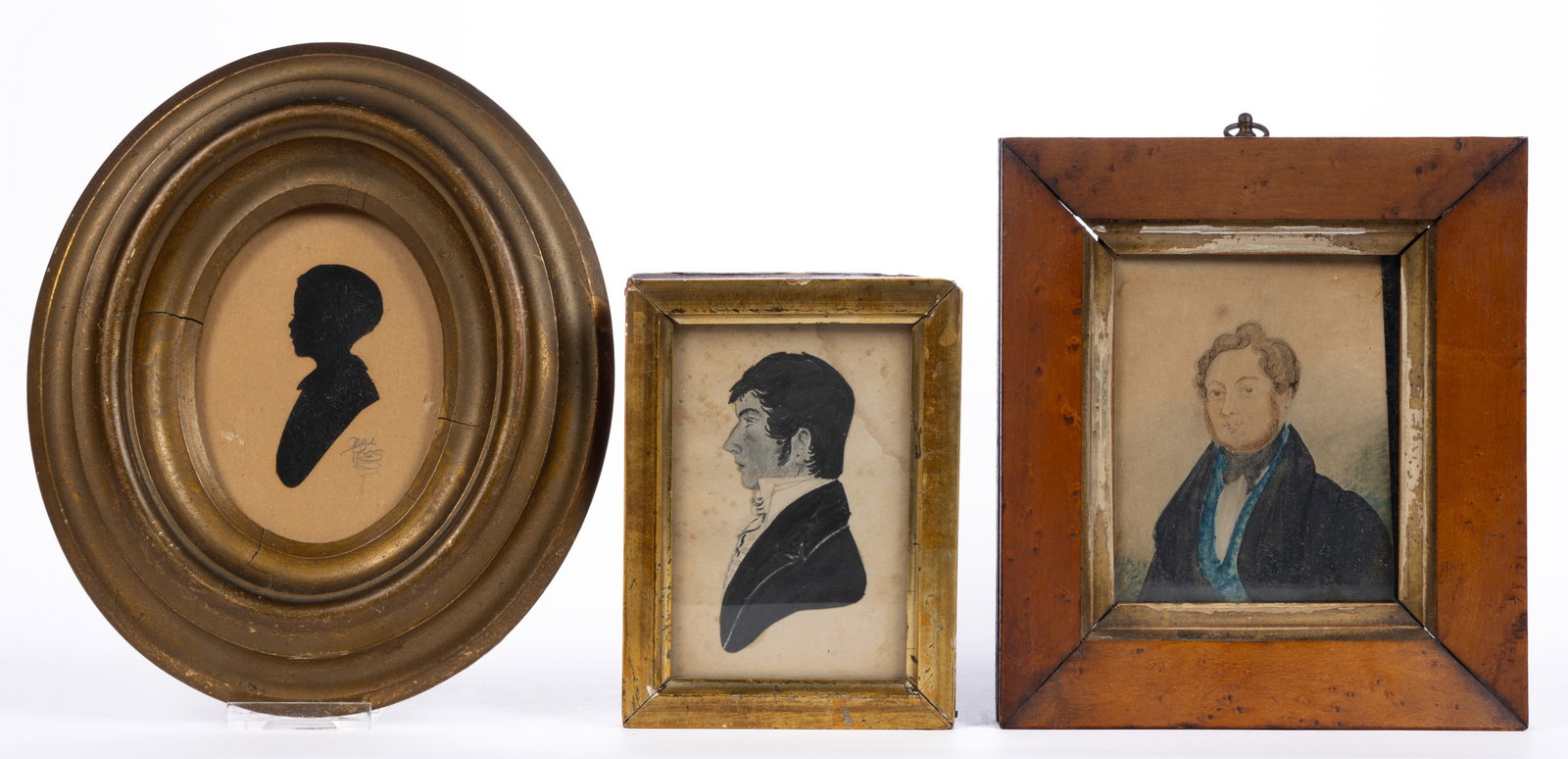 AMERICAN OR BRITISH SCHOOL (19TH CENTURY) FOLK ART MINIATURE PORTRAITS, LOT OF TWO: AMERICAN OR BRITISH SCHOOL (19TH CENTURY) FOLK ART MINIATURE PORTRAITS, LOT OF TWO, watercolor on paper, unidentified sitters. Housed under glass in period frames. Together with an identified 20th cen