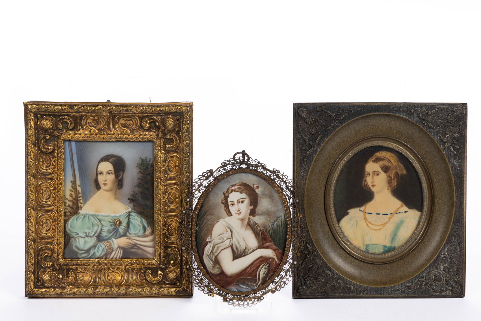 AMERICAN OR BRITISH SCHOOL (19TH / 20TH CENTURY) FOLK ART MINIATURE PORTRAITS, LOT OF THREE: AMERICAN OR BRITISH SCHOOL (19TH / 20TH CENTURY) FOLK ART MINIATURE PORTRAITS, LOT OF THREE, watercolor, each waist-length depiction, including one signed example, with sitter holding fish. Each house