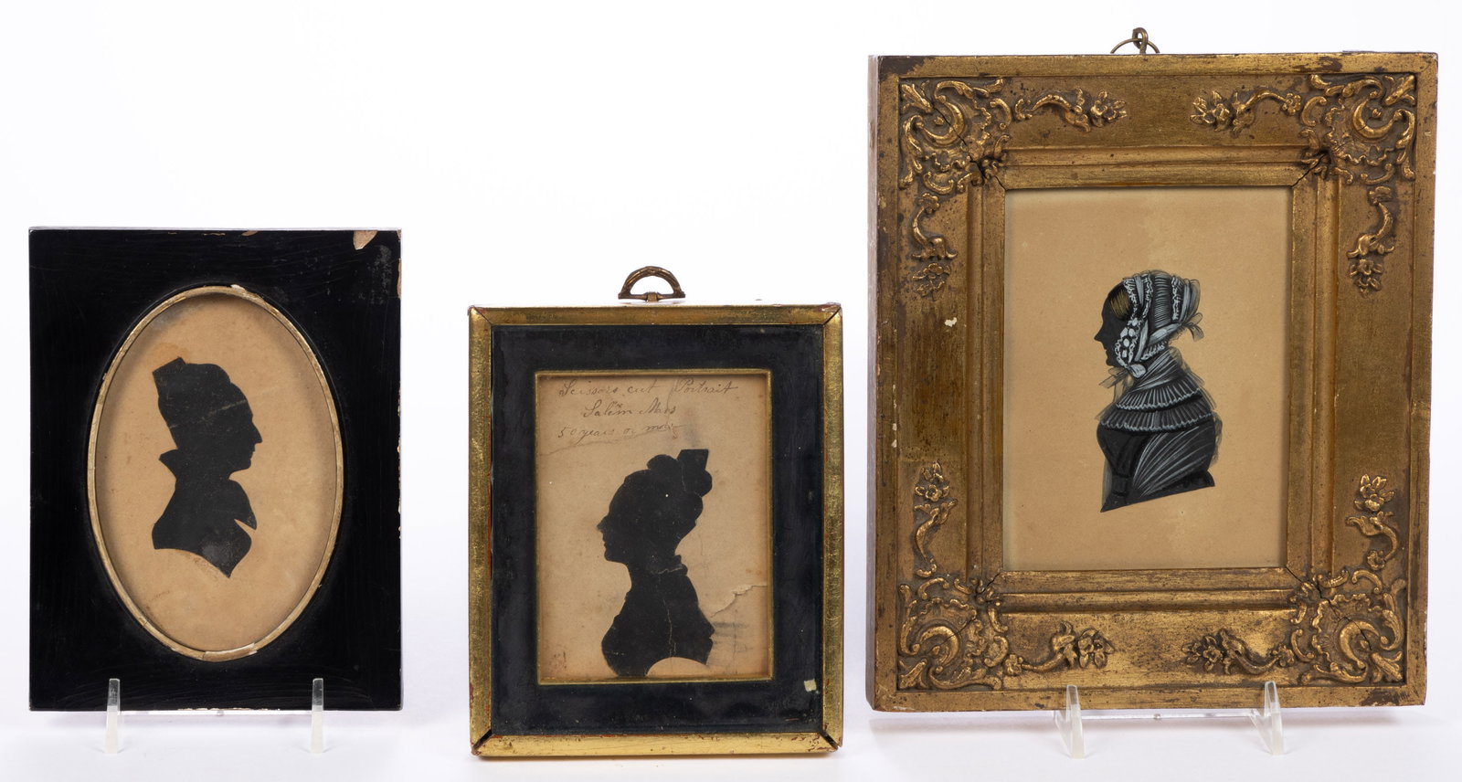 AMERICAN OR BRITISH SCHOOL (19TH CENTURY) SILHOUETTE PORTRAITS, LOT OF THREE: AMERICAN OR BRITISH SCHOOL (19TH CENTURY) SILHOUETTE PORTRAITS, LOT OF THREE, comprising one inscribed "Scissors cut Portrait / Salem Mass / 50 years or more, one with white-painted accents, and 