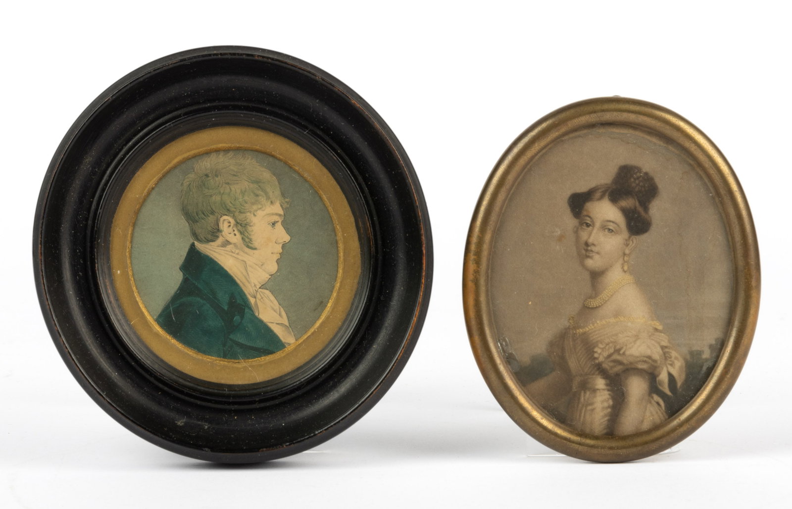 ASSORTED MINIATURE PORTRAITS, LOT OF TWO: ASSORTED MINIATURE PORTRAITS, LOT OF TWO, comprising a reverse painted on tissue paper depiction of an elegantly dressed young lady wearing a pearl choker, and a hand-colored etching of a young g
