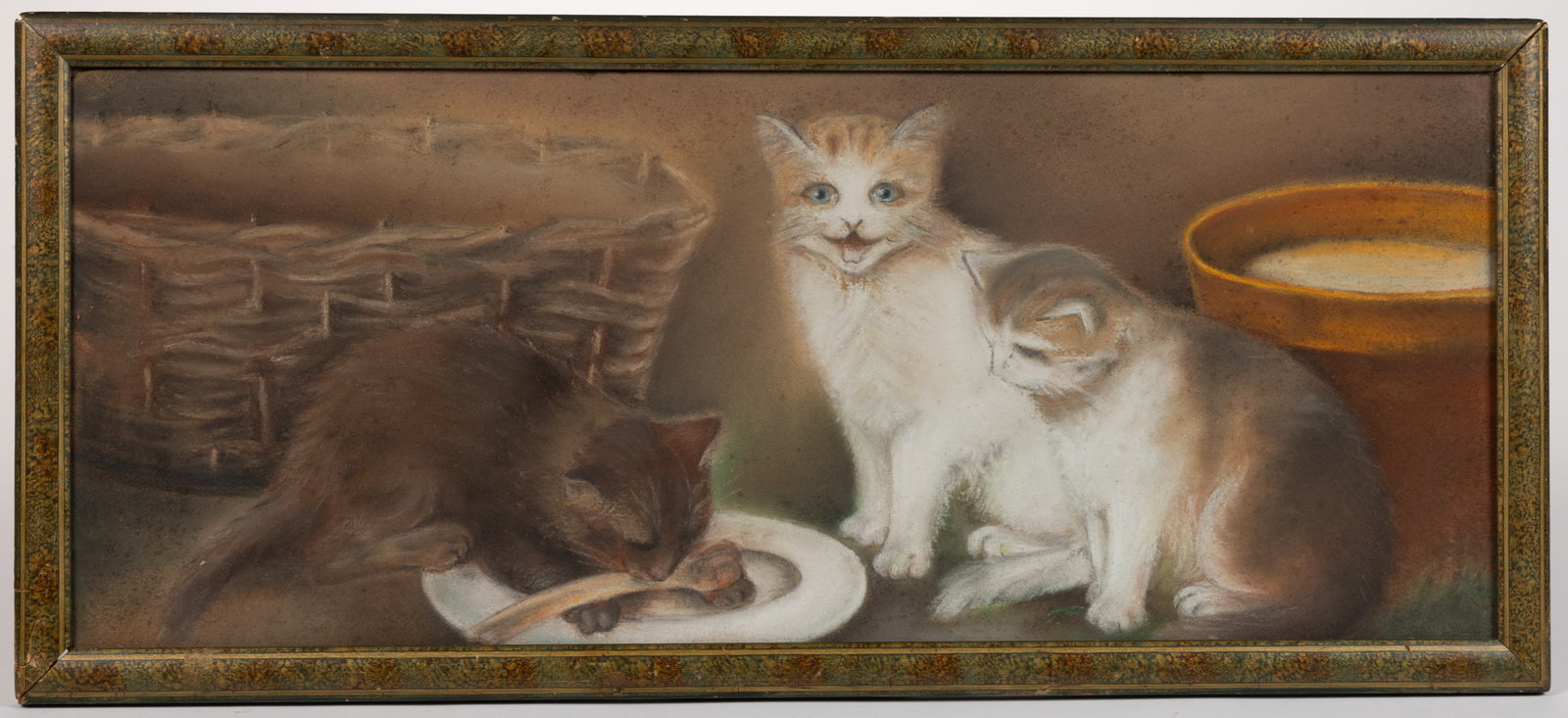 AMERICAN SCHOOL (20TH CENTURY) DRAWING OF CATS: AMERICAN SCHOOL (20TH CENTURY) DRAWING OF CATS, graphite and pastel on paper, depicting one cat chewing a bone while two cats wait, one looking directly at viewer, basket and bowl of milk in backgroun