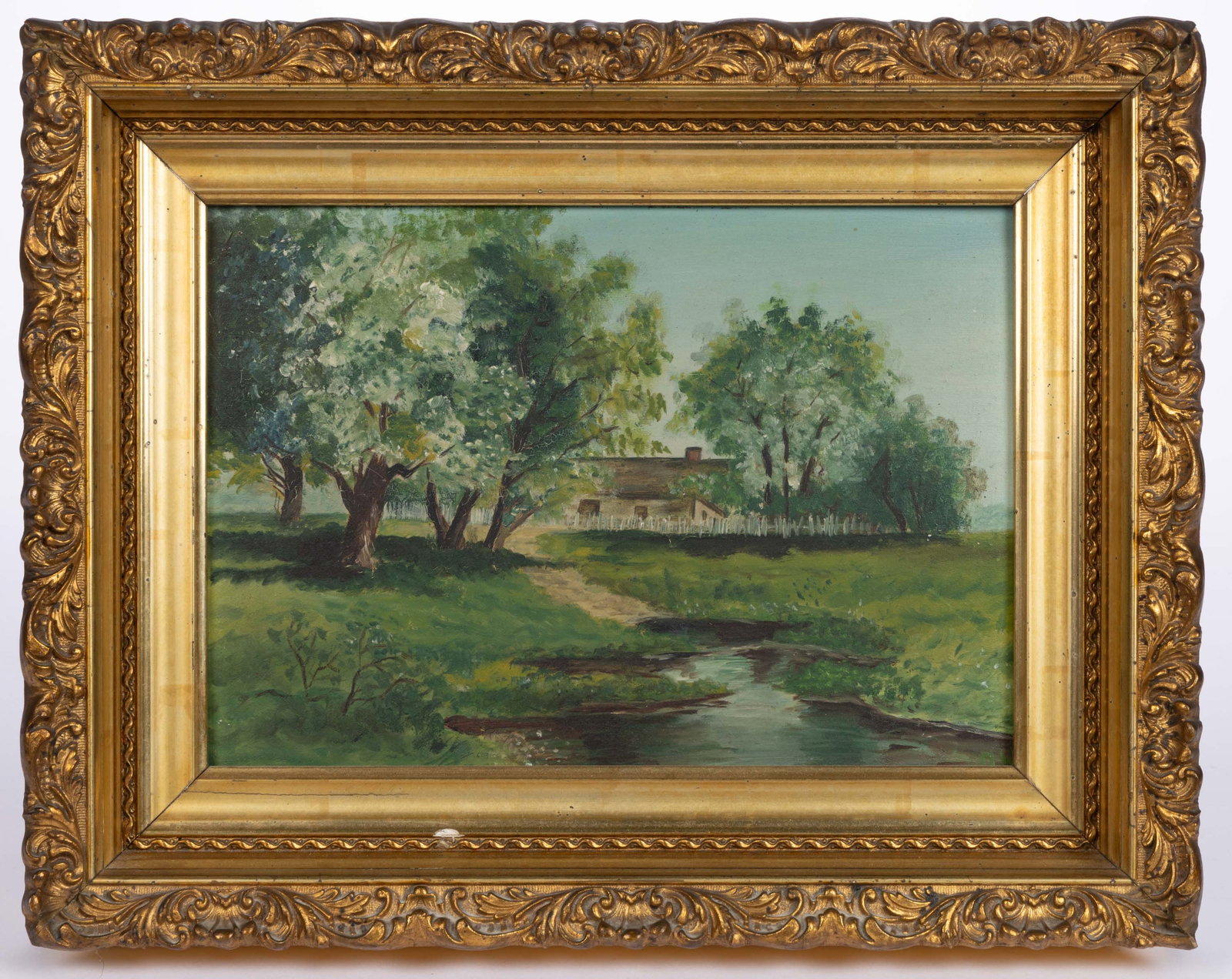 MAE / MAY MULFORD WALKER (NEW YORK / VIRGINIA, 1873-1954) FOLK ART LANDSCAPE PAINTING: MAE / MAY MULFORD WALKER (NEW YORK / VIRGINIA, 1873-1954) FOLK ART LANDSCAPE PAINTING, oil on academy board, depicting a house amongst the tress, initialed lower right "MW", and signed on re