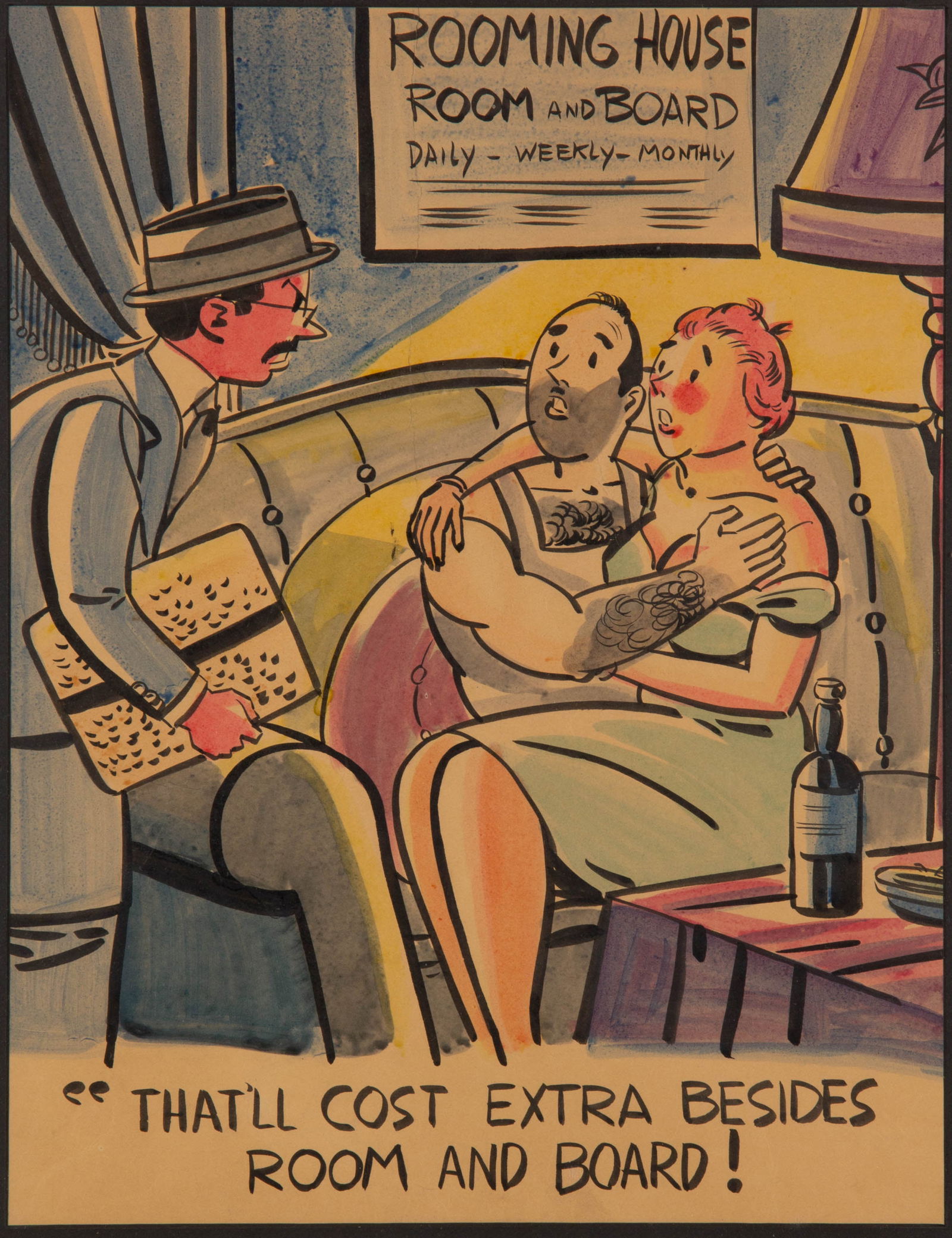 SCHOOL OF PETER ARNO (NEW YORK, 1904-1968) ILLUSTRATION ART: SCHOOL OF PETER ARNO (NEW YORK, 1904-1968) ILLUSTRATION ART, watercolor on paper, with quote "THAT'LL COST EXTRA BESIDES / ROOM AND BOARD!", no signature located. Housed in a modern