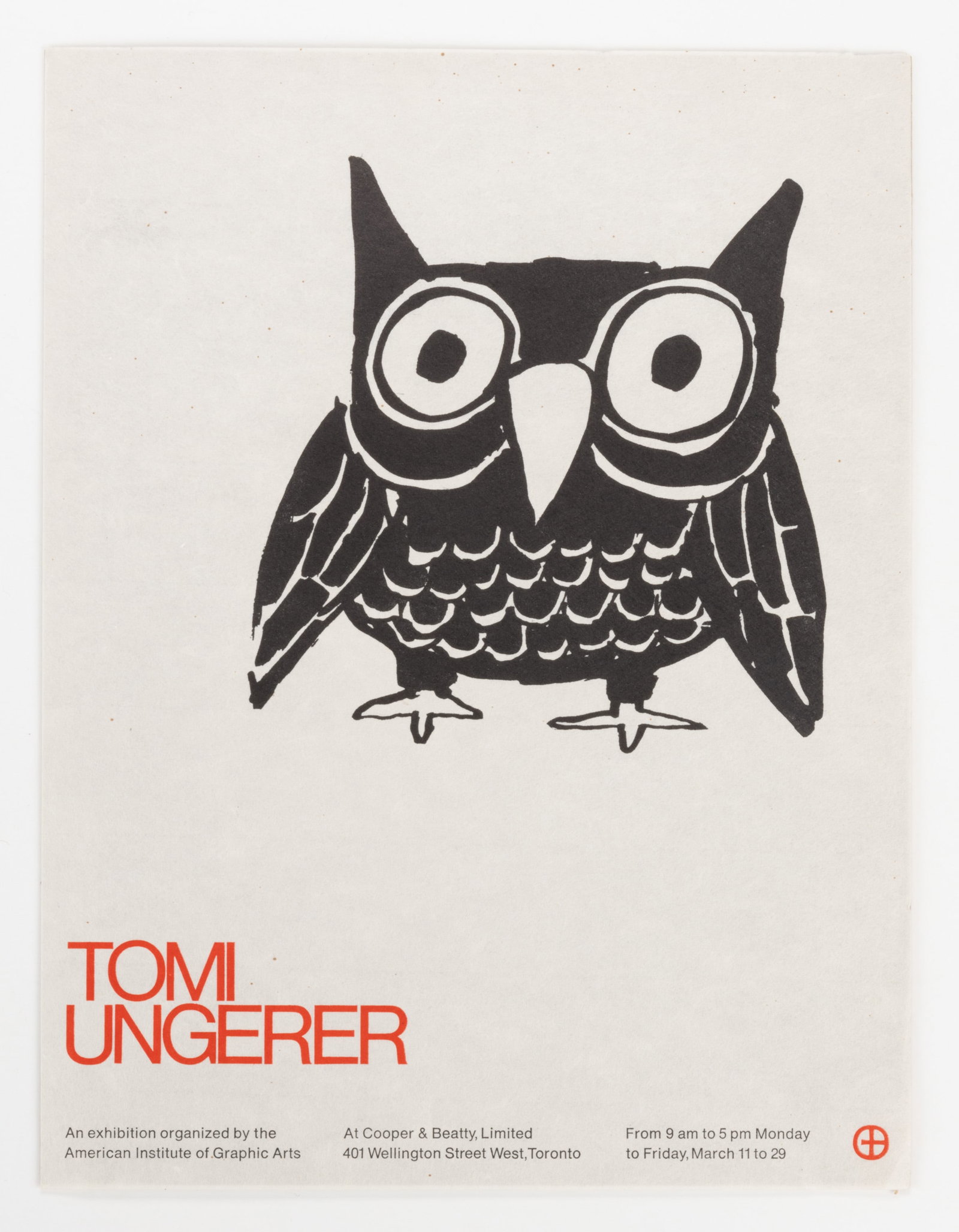 TOMI UNGERER (1931-2019) CANADIAN EXHIBITION POSTER:  TOMI UNGERER (1931-2019) CANADIAN EXHIBITION POSTER, printed on handmade rice paper, designed by Jake Sneep, for an exhibition organized by the American Institute of Graphic Arts, held at Cooper