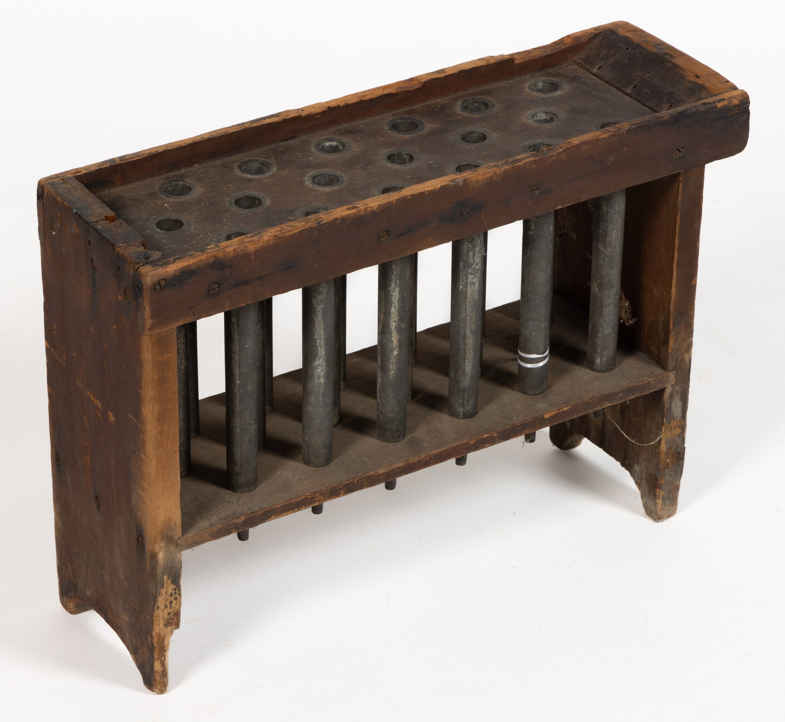 AMERICAN PINE 18-TUBE TABLE-TOP CANDLE MOLD: AMERICAN PINE 18-TUBE TABLE-TOP CANDLE MOLD, stenciled example for possibly "D.P. HARRIS / MAKER / BUFFALO, NY.", with square-nail and screws construction, two-tier frame fitted with pewter 