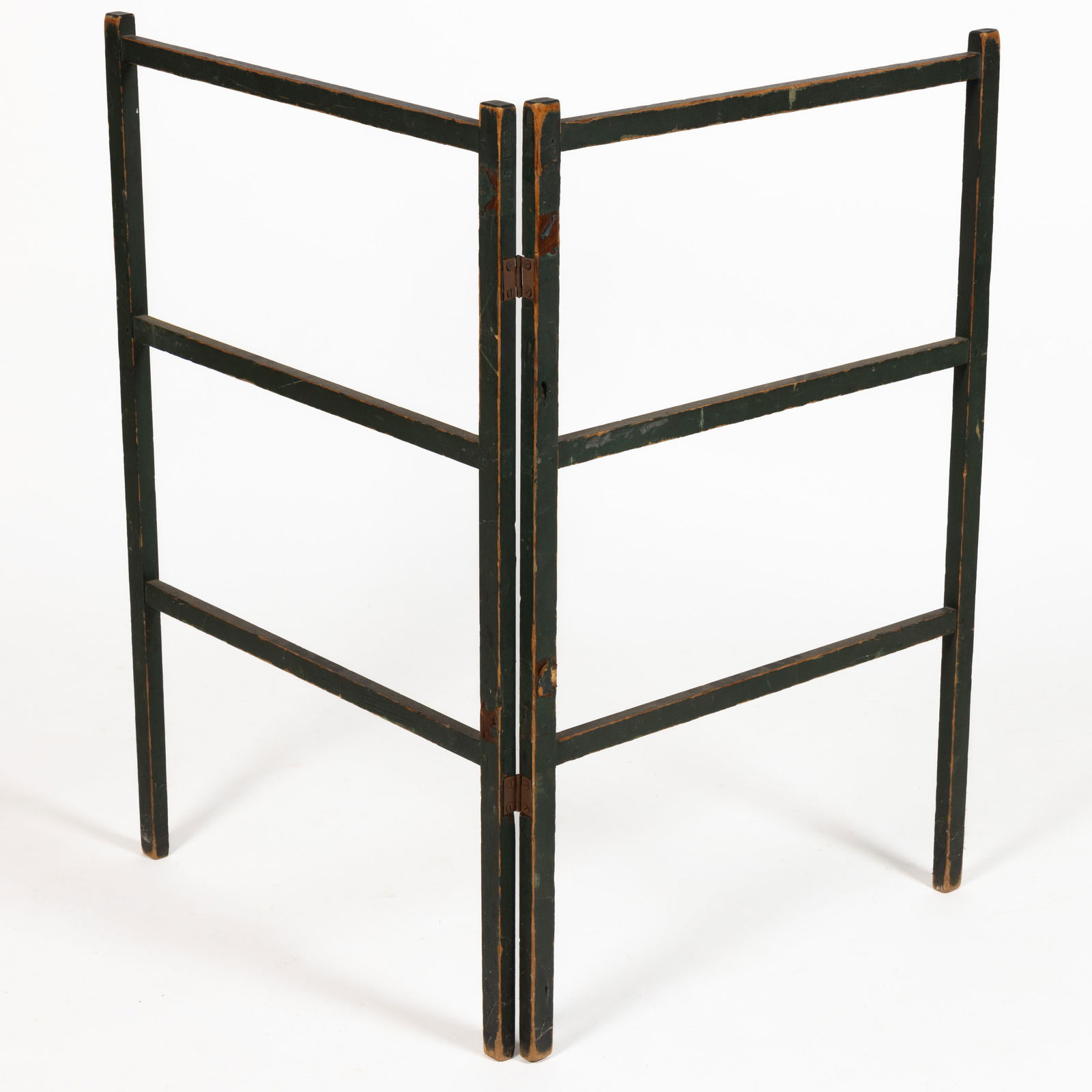 OHIO PAINTED PINE HERB DRYING RACK: OHIO PAINTED PINE HERB DRYING RACK, two mortised and pinned sections, each comprising three rails. Retains the original dry, green-painted surfaces. Second half 19th century. 36" H, 24" W ea