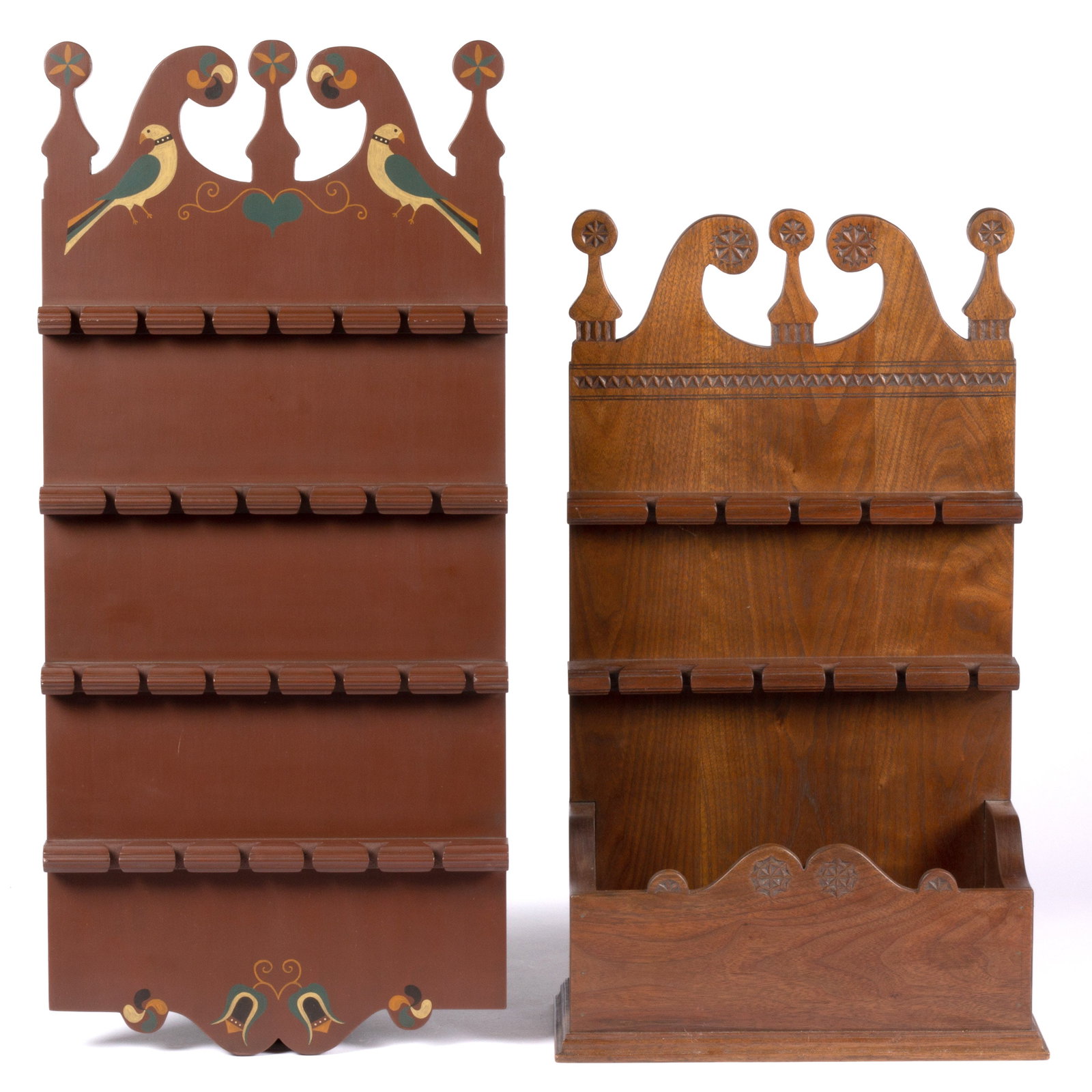 DANIEL AND BARBARA HEYL FOR HEYLKRAFT PENNSYLVANIA-GERMAN STYLE FOLK ART CARVED WALNUT WALL BOX: DANIEL AND BARBARA HEYL FOR HEYLKRAFT PENNSYLVANIA-GERMAN STYLE FOLK ART CARVED WALNUT WALL BOX, featuring chip carvings. Original surface with warm color. Together with a paint-decorated sp