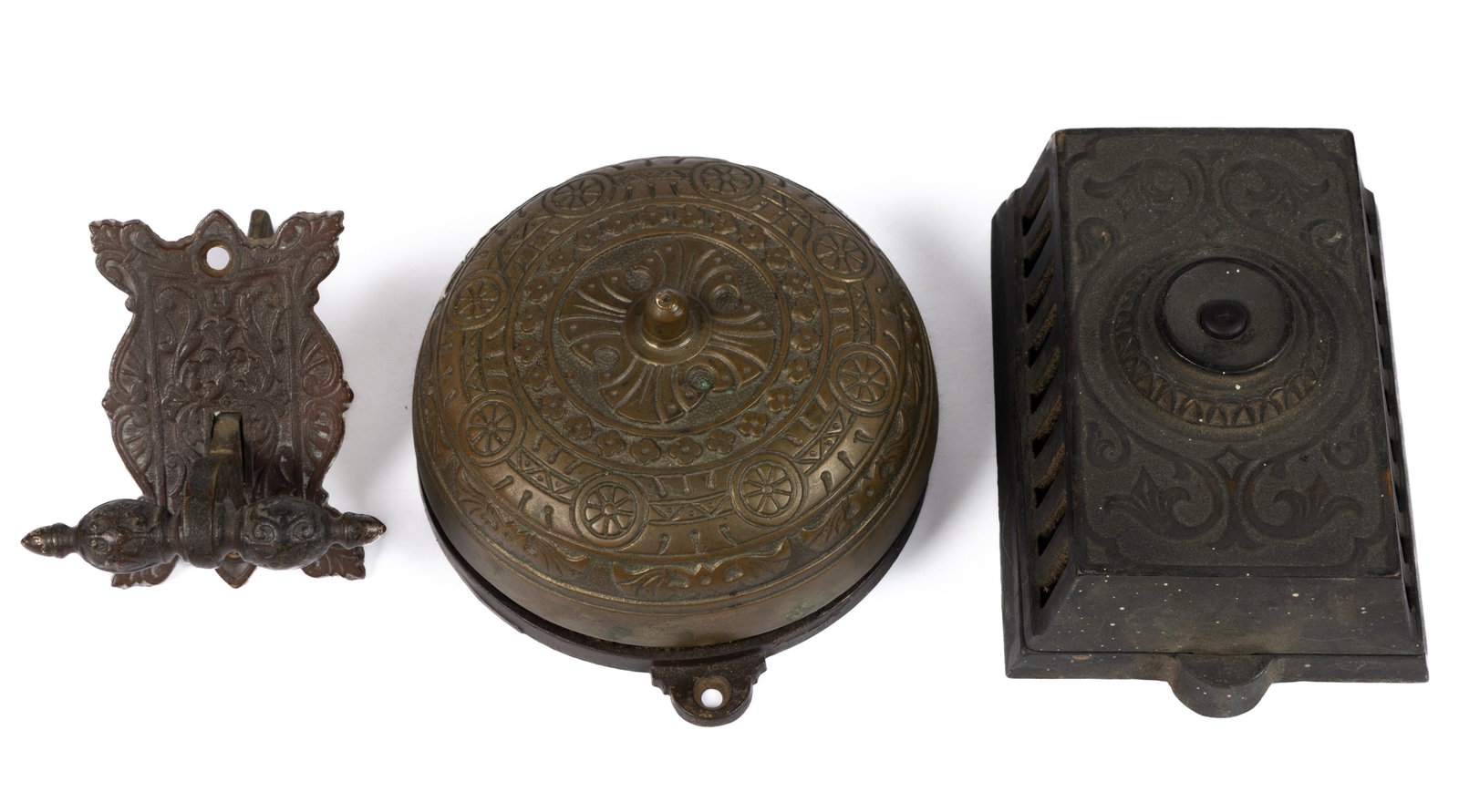 AESTHETIC MOVEMENT DOOR ACCESSORIES, LOT OF THREE: AESTHETIC MOVEMENT DOOR ACCESSORIES, LOT OF THREE, including two door bell examples stamped "CO. S" and "PATENTED / DEC 30 / 1879". Late 19th/early 20th century. Various sizes.&nbs