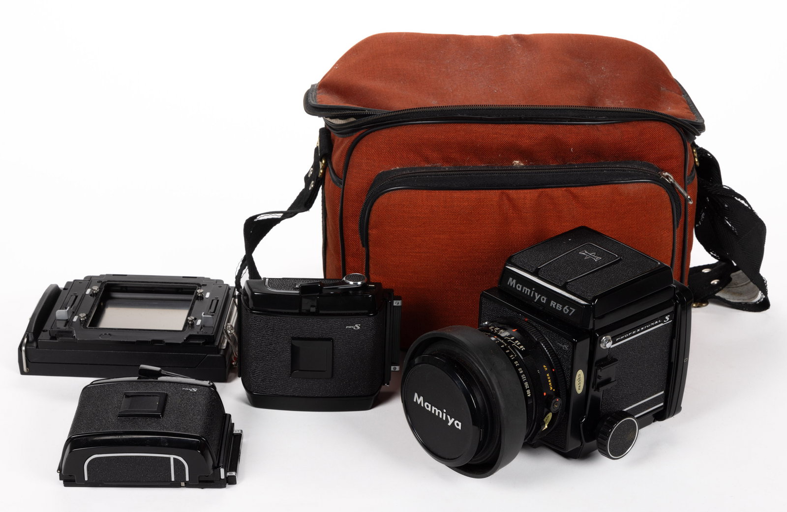MAMIYA RB67 PRO-S PROFESSIONAL MEDIUM FORMAT CAMERA: MAMIYA RB67 PRO-S PROFESSIONAL MEDIUM FORMAT CAMERA, with Mamiya -Sekor 127mm lens, two Pro-S 120 film holders, one film holder Model 2 for Polaroid film, miscellaneous other accessories, instruction 