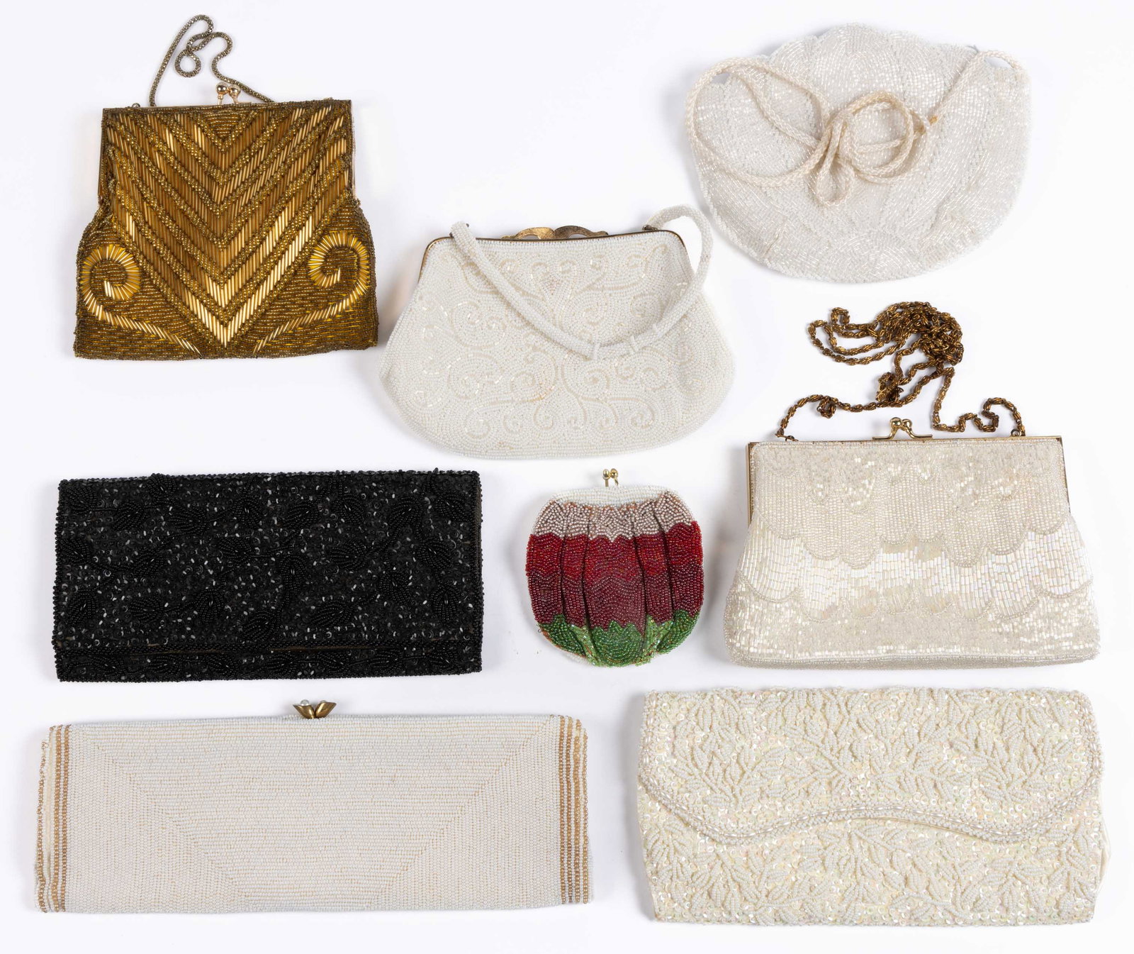 VINTAGE CONTINENTAL, ASIAN, AND OTHER BEADED LADY'S PURSES, LOT OF EIGHT: VINTAGE CONTINENTAL, ASIAN, AND OTHER BEADED LADY'S PURSES, LOT OF EIGHT, including a Belgian long rectangular purse with white and gold-toned beads having hinged frame, an ADG Imports shell-