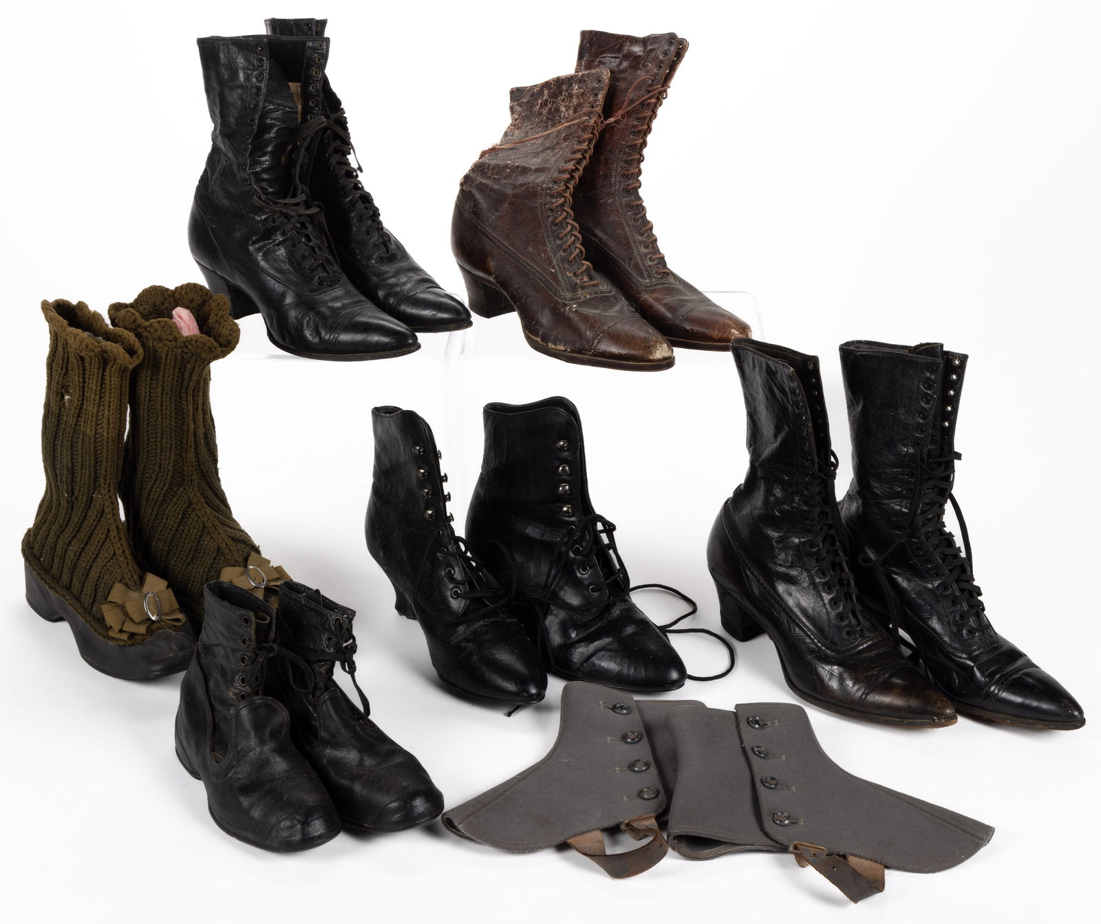 ANTIQUE AND VINTAGE SHOES AND SPATS, LOT OF SEVEN PAIRS: ANTIQUE AND VINTAGE SHOES AND SPATS, LOT OF SEVEN PAIRS, comprising three pairs of lady's leather boots including a black pair with interior label for Jos. Ney & Sons of Harrisonburg