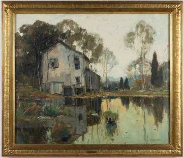 ANTHONY THIEME (DUTCH-AMERICAN, 1888-1954) LANDSCAPE PAINTING: ANTHONY THIEME (DUTCH-AMERICAN, 1888-1954) LANDSCAPE PAINTING, oil on canvas, an outstanding example by the artist, depicting a pond and an early mill in a rural setting with small figure wearing