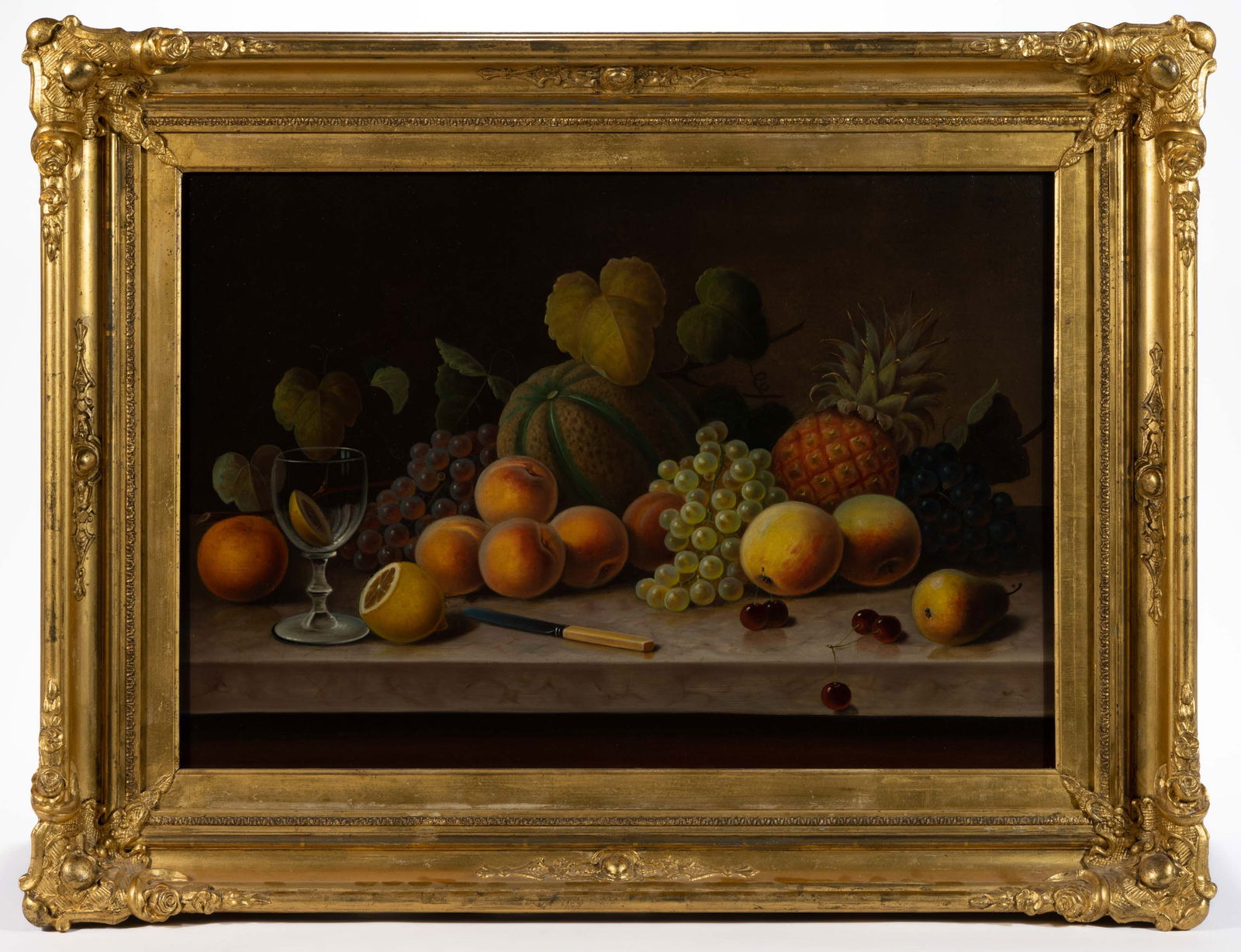 AMERICAN SCHOOL (19TH CENTURY) STILL-LIFE PAINTING: AMERICAN SCHOOL (19TH CENTURY) STILL-LIFE PAINTING, oil on canvas, an outstanding example, in the manner of Severin Roesen (c.1815-c.1871), featuring pineapple, cantaloupe, peaches, grapes, cherries,