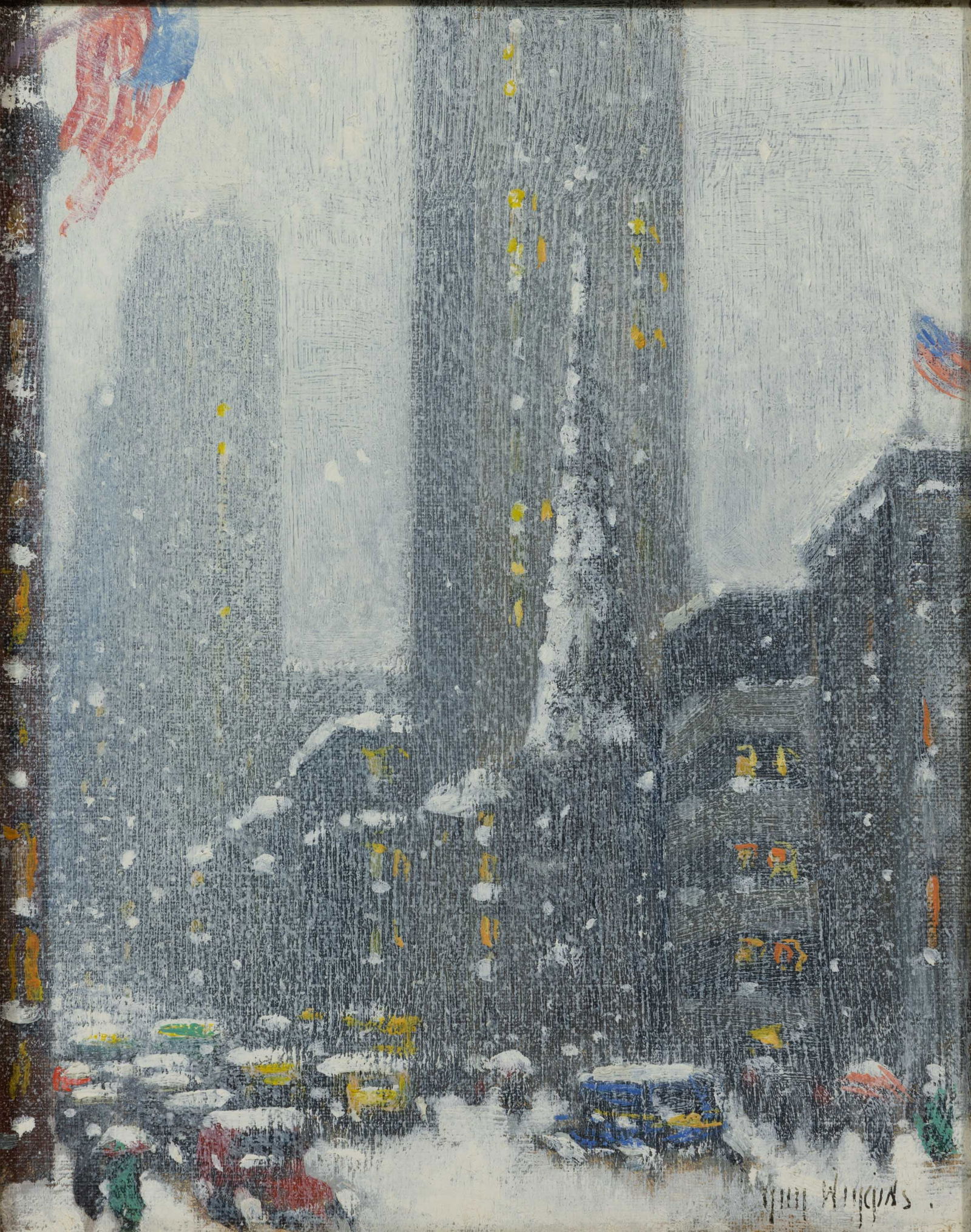 GUY CARLETON WIGGINS (AMERICAN, 1883-1962) MANHATTAN SNOW SCENE: GUY CARLETON WIGGINS (AMERICAN, 1883-1962) MANHATTAN SNOW SCENE, oil on canvas board, a fine example of the artist's work, signed lower right, board retains period printed merchant label for "FREDRIX