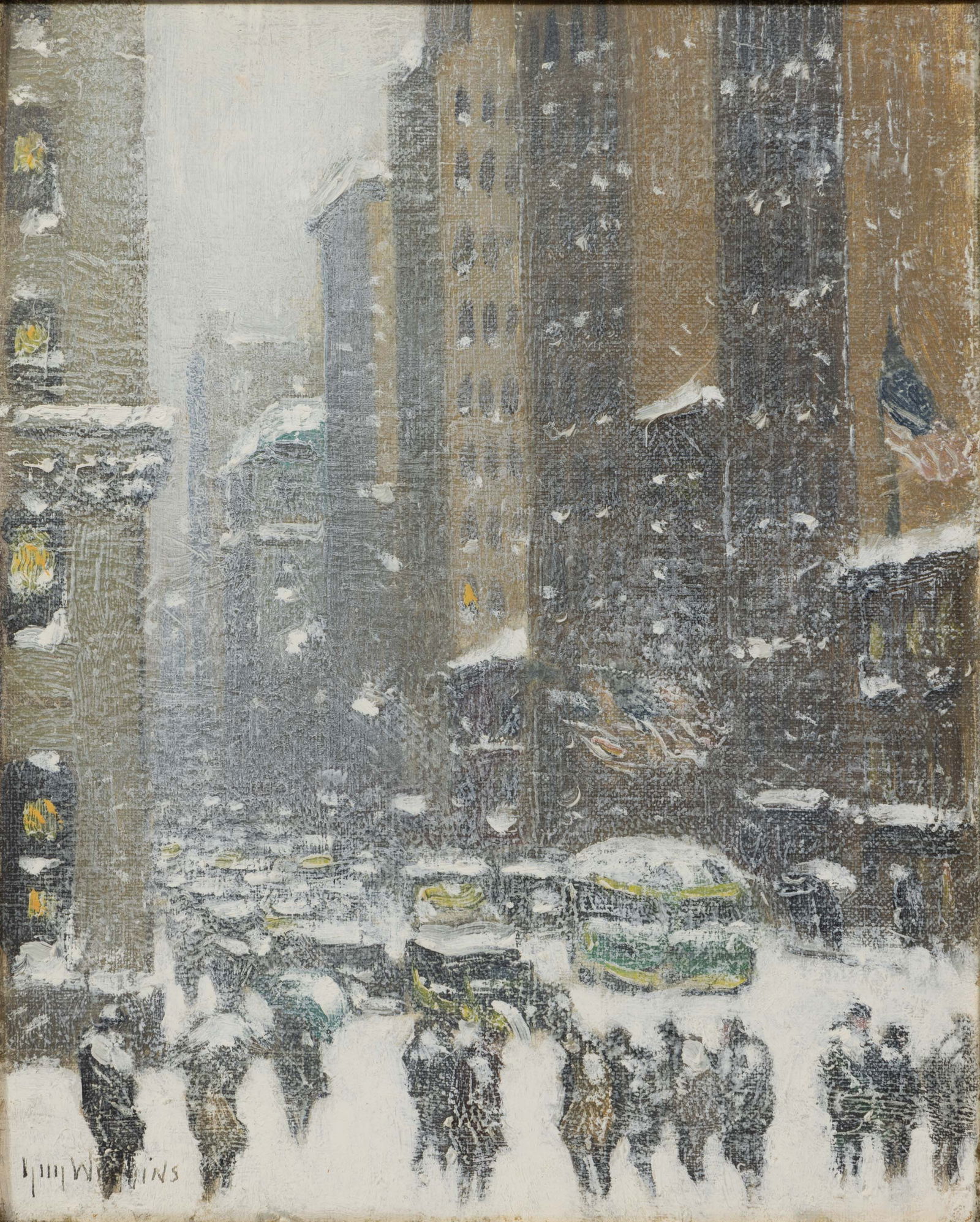 GUY CARLETON WIGGINS (AMERICAN, 1883-1962) MANHATTAN SNOW SCENE: GUY CARLETON WIGGINS (AMERICAN, 1883-1962) MANHATTAN SNOW SCENE, oil on canvas board, a fine example of the artist's work, signed lower right, board retains period printed merchant label for "FREDRIX