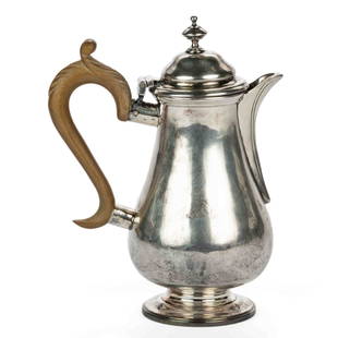 WILLIAM GRUNDY, ENGLISH GEORGE II STERLING SILVER CREAM POT / JUG: WILLIAM GRUNDY, ENGLISH GEORGE II STERLING SILVER CREAM POT / JUG, baluster-form well with a short curved spout and engraved sitting dog to side, topped by a hinged lid with finial, having carved wood