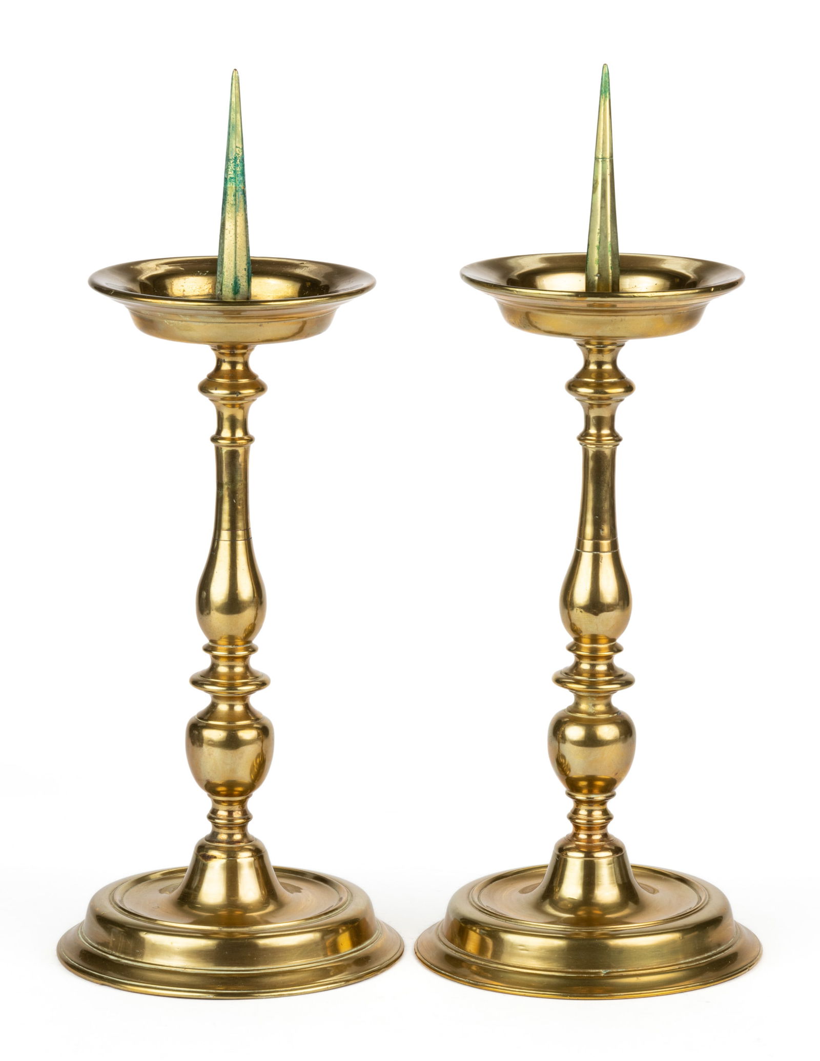 DUTCH ROUND-BASE BRASS PRICKET CANDLESTICKS, PAIR (1 of 2)