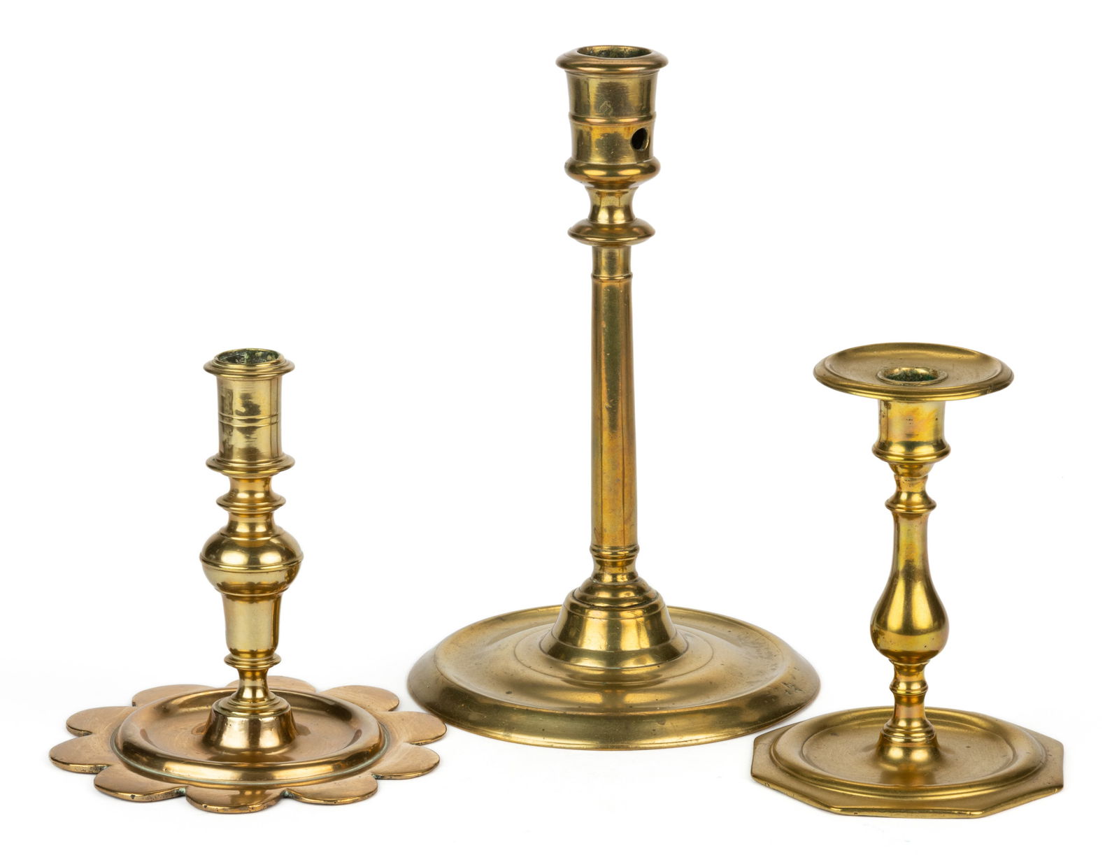 CONTINENTAL BRASS CANDLESTICKS, LOT OF THREE (1 of 2)