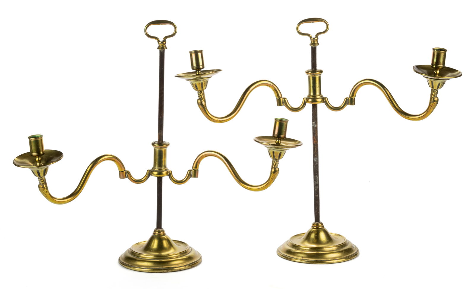 ENGLISH GEORGIAN DOUBLE-ARM, ROUND-BASE BRASS CANDELABRAS, PAIR (1 of 2)